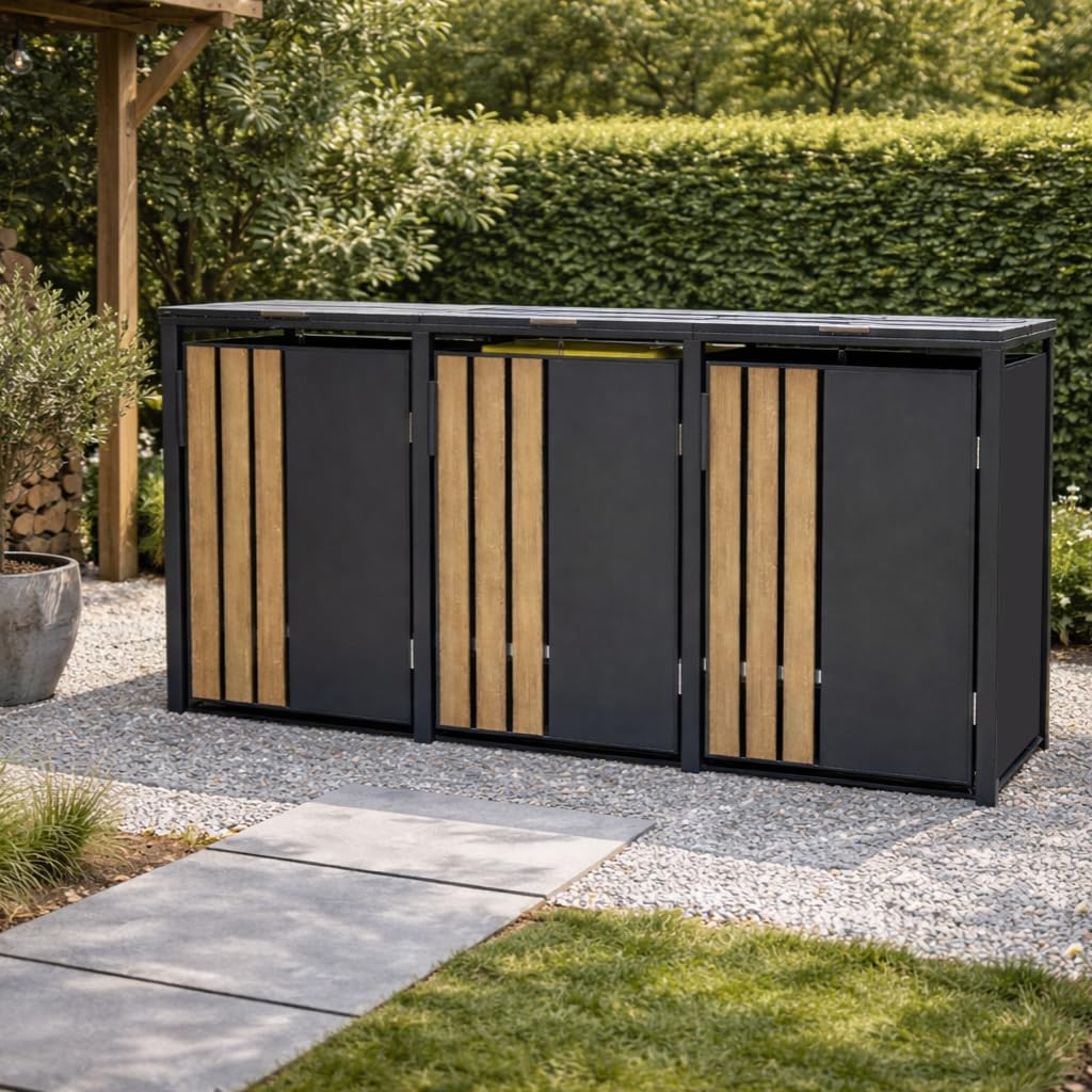 Abri Poubelles 3 Bacs à Toit Plat, Acier Galvanisé Gris et Effet Bois