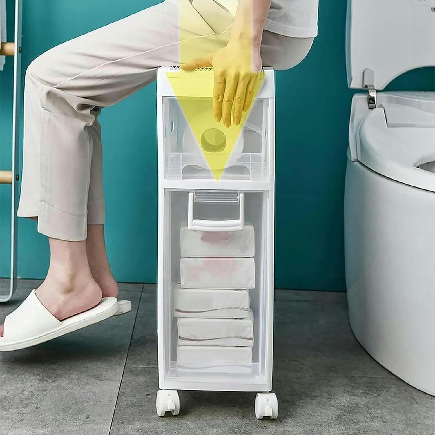 XENITE Narrow Slim Bathroom Floor Cabinet, Skinny Toilet Paper Storage Cabinet with 4 Plastic Drawers and Casters Large Capacity Vertical Storage Unit for Bathroom, Small Spaces, Gaps