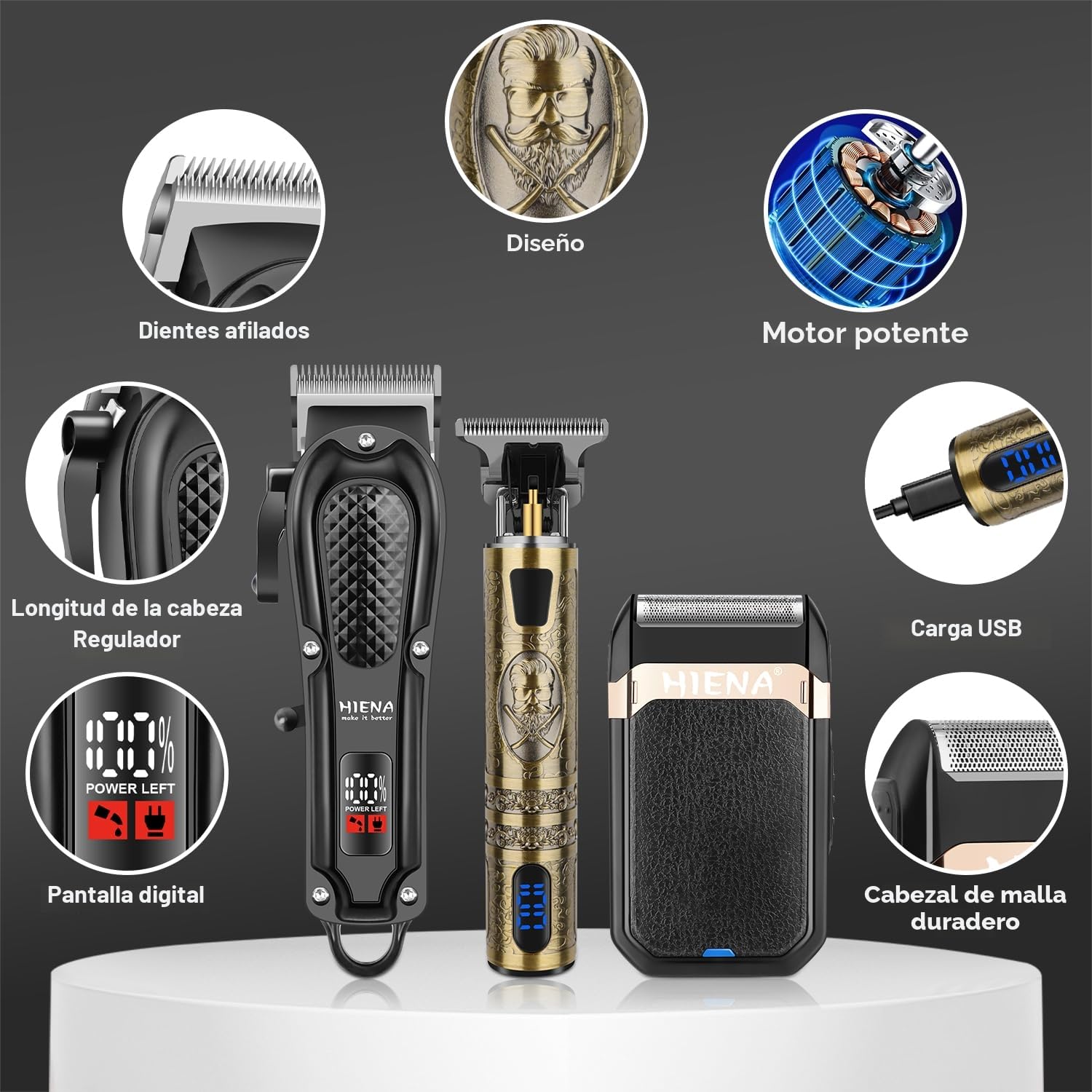 HIENA PRO Cortapelos Profesional para Hombres, Inalámbrico, Afeitadora de Barba Recargable, Kit de Corte de Pelo para Barbería con Pantalla LED