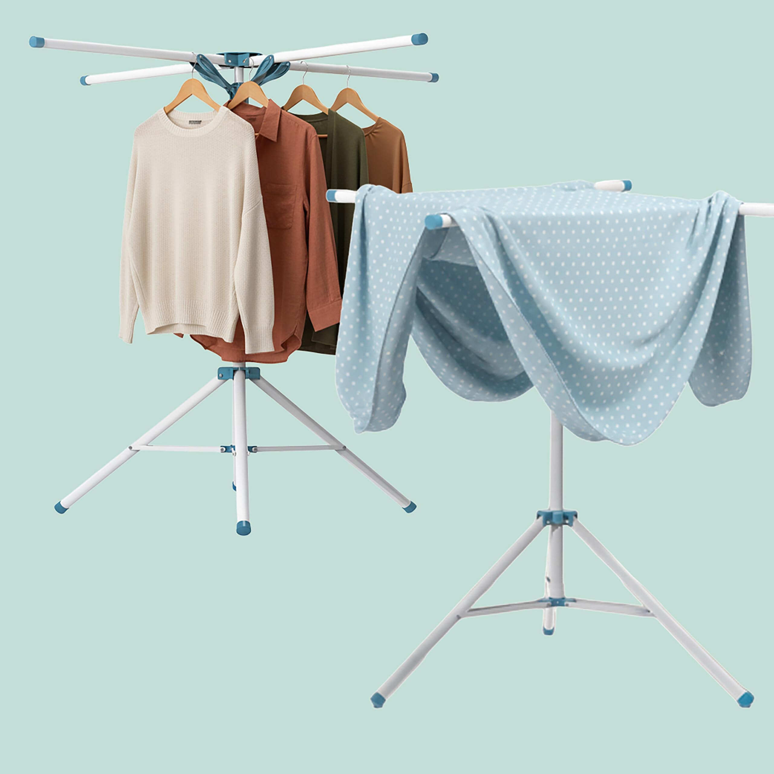 Tendedero Relaxdays, Plegable, Ajustable en Altura, 80-200 cm, 4 Varillas, Camping, tendedero, Blanco/Azul