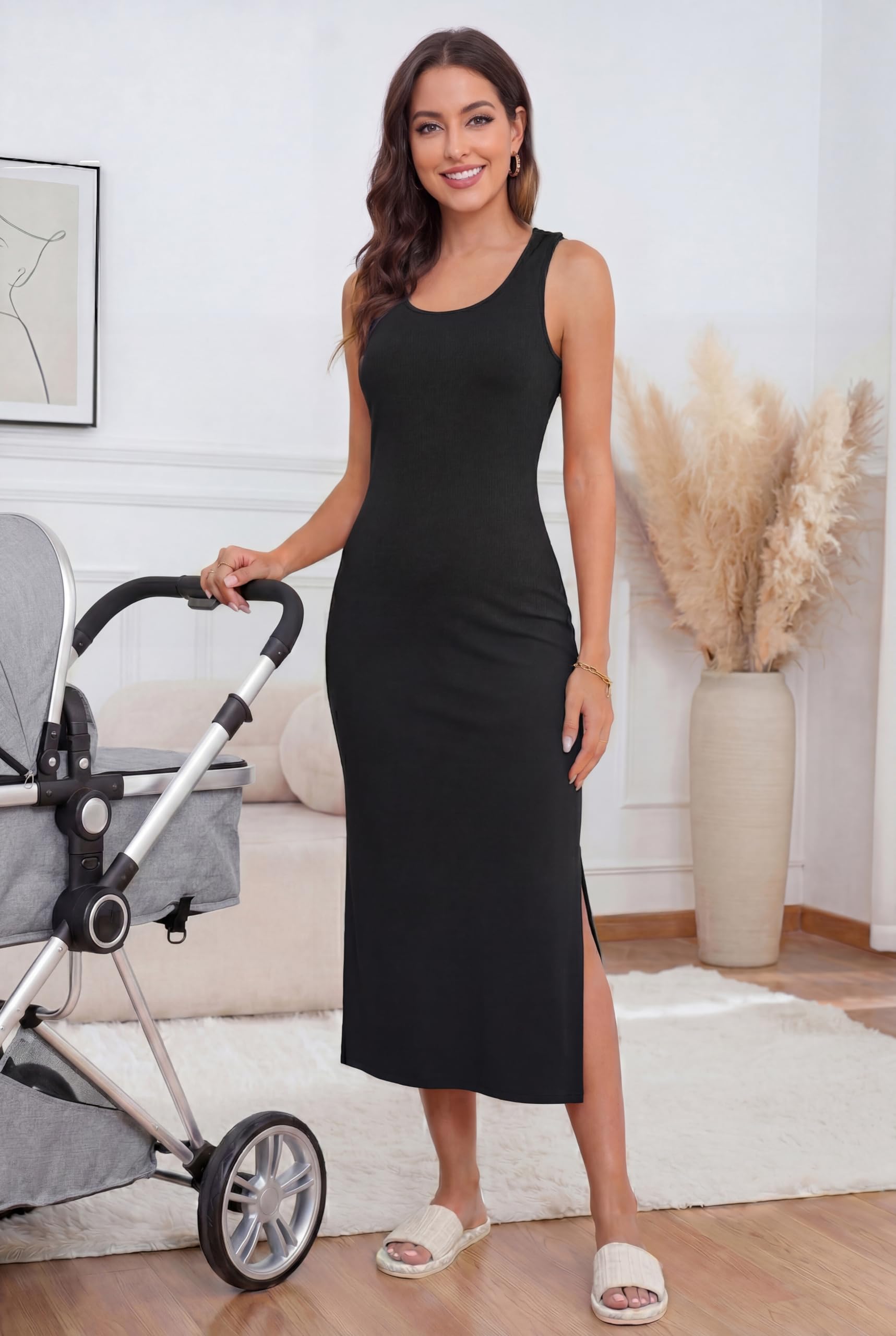 OUGES Damen 2025 Sommer Stillkleid Split Midi Ärmellos Umstandskleid Lässiges Scoop Neck Umstandsmode