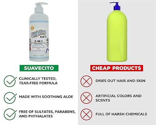 Miniatura 3 de Suavecito Champú, acondicionador y gel de baño 3 en 1 para niños, aroma a leche y miel, botella con bomba de 16 onzas  Fórmula clínicamente probada