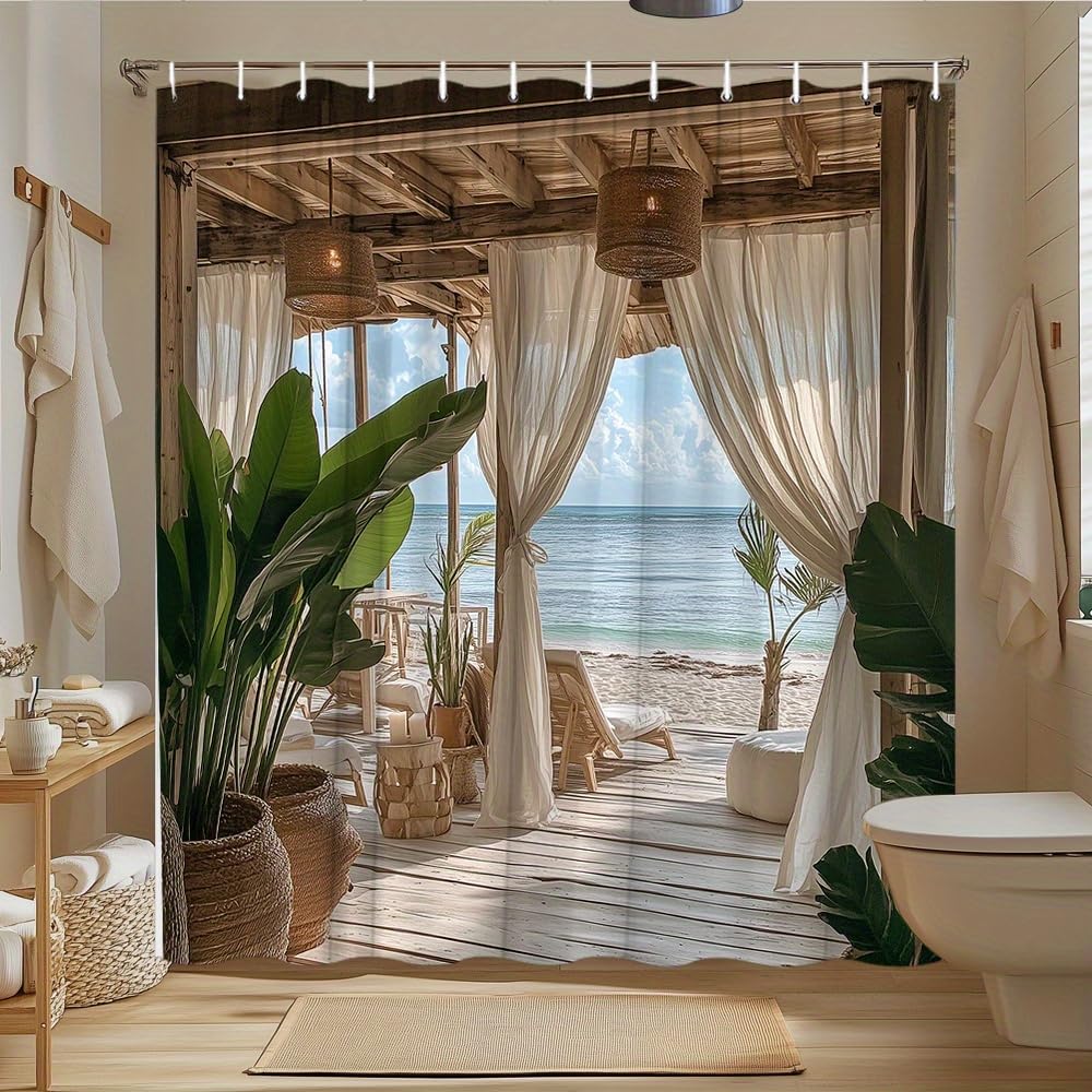 GLWDMB 1 Piece 150x180CM Tropical Beach Pavilion Printed Shower Curtain With Hook, Polyester, for Windows And Walls, Bathtub, Bathroom, Machine Washable, All Season Universal