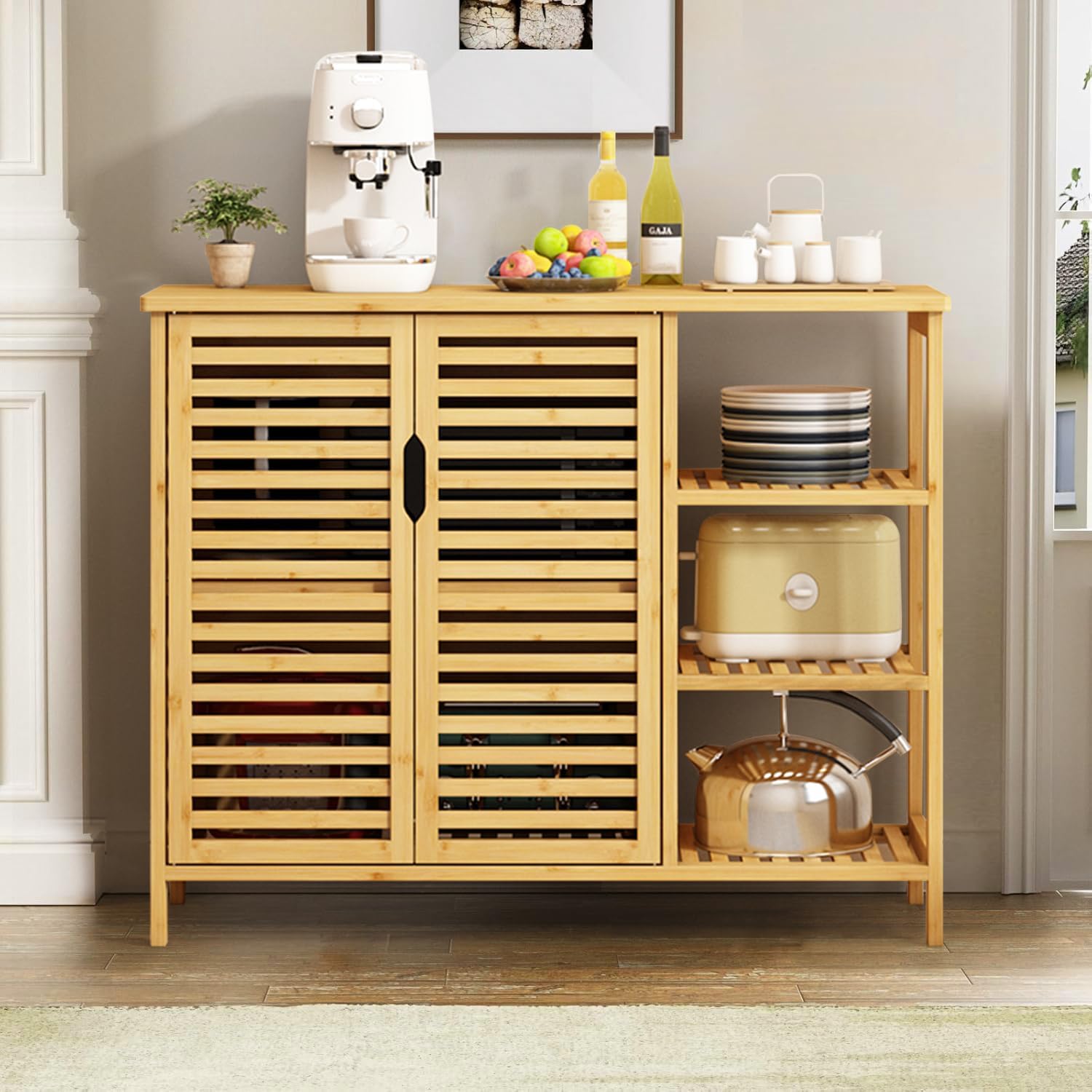 Large Bamboo Storage Cabinet with 2 Doors & 3-Tier Side Open Shelves, Freestanding Floor Cabinet for Living Room, Kitchen, Bathroom, Natural Wood Organizer, 39.4”