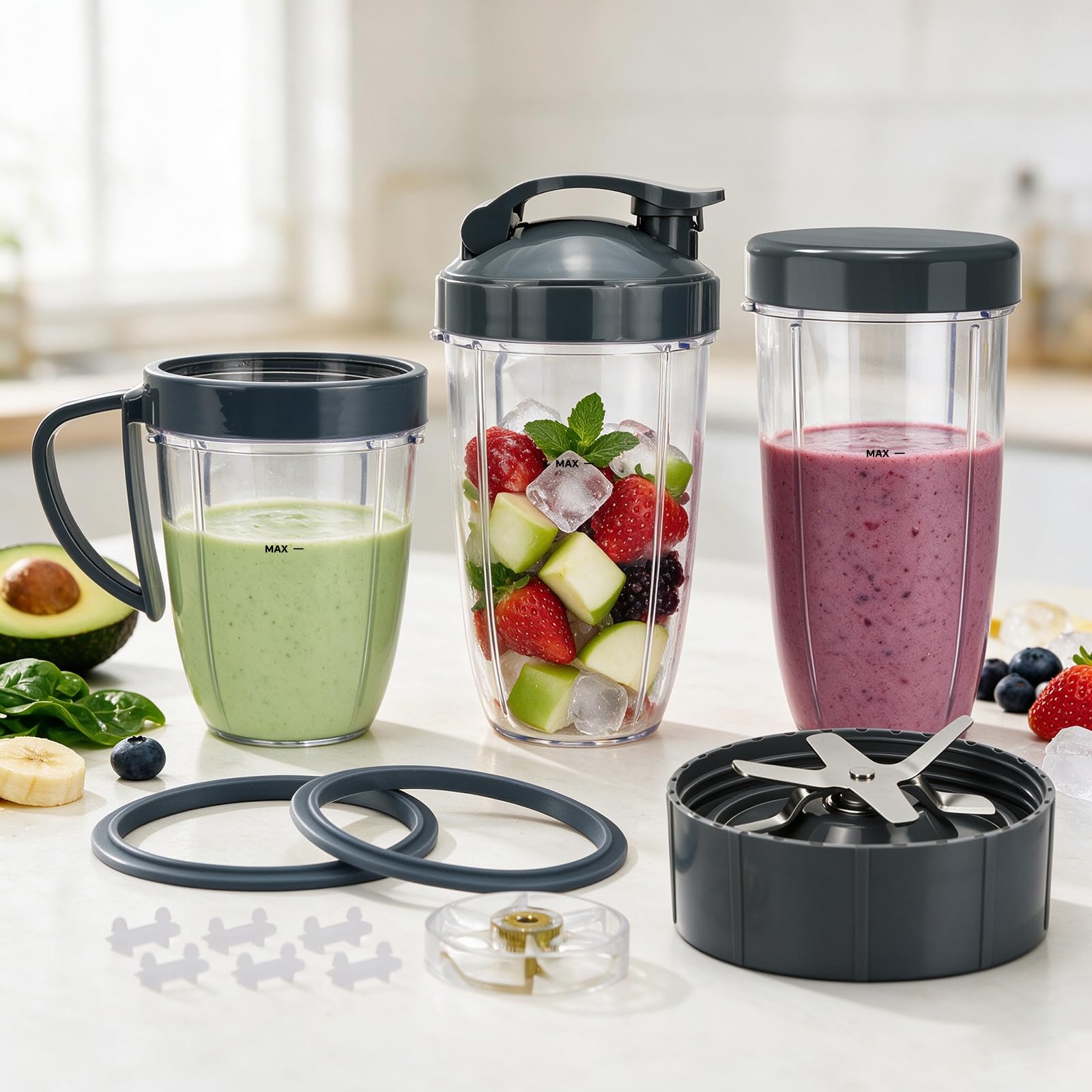 14 części zamienne do blendera, ostrze i kubki do serii NutriBullet 600 W i 900 W, w tym uszczelka amortyzująca i przekładnia (1 ostrze + 3 filiżanki + 1 pokrywka)