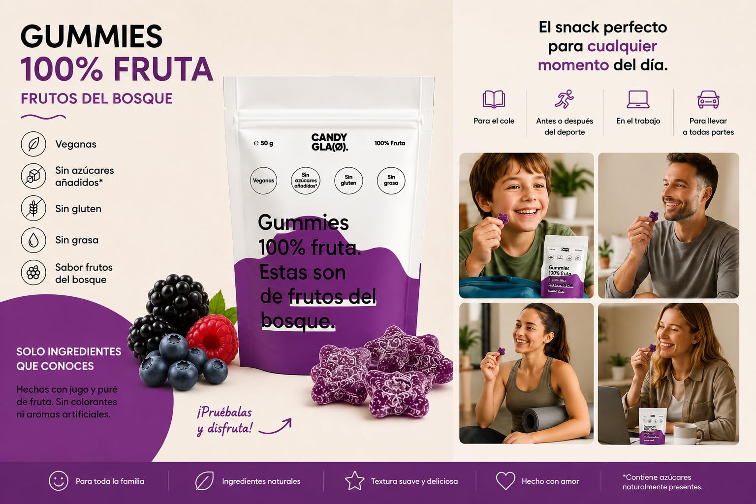 Candy Glam Pack Mixto de Gummies 14 Bolsas 7 Cereza + 7 Frutas del Bosque Veganas Sin Gluten Sin Azúcares Añadidos Snacks de Fruta Sabores Surtidos para Niños y Adultos