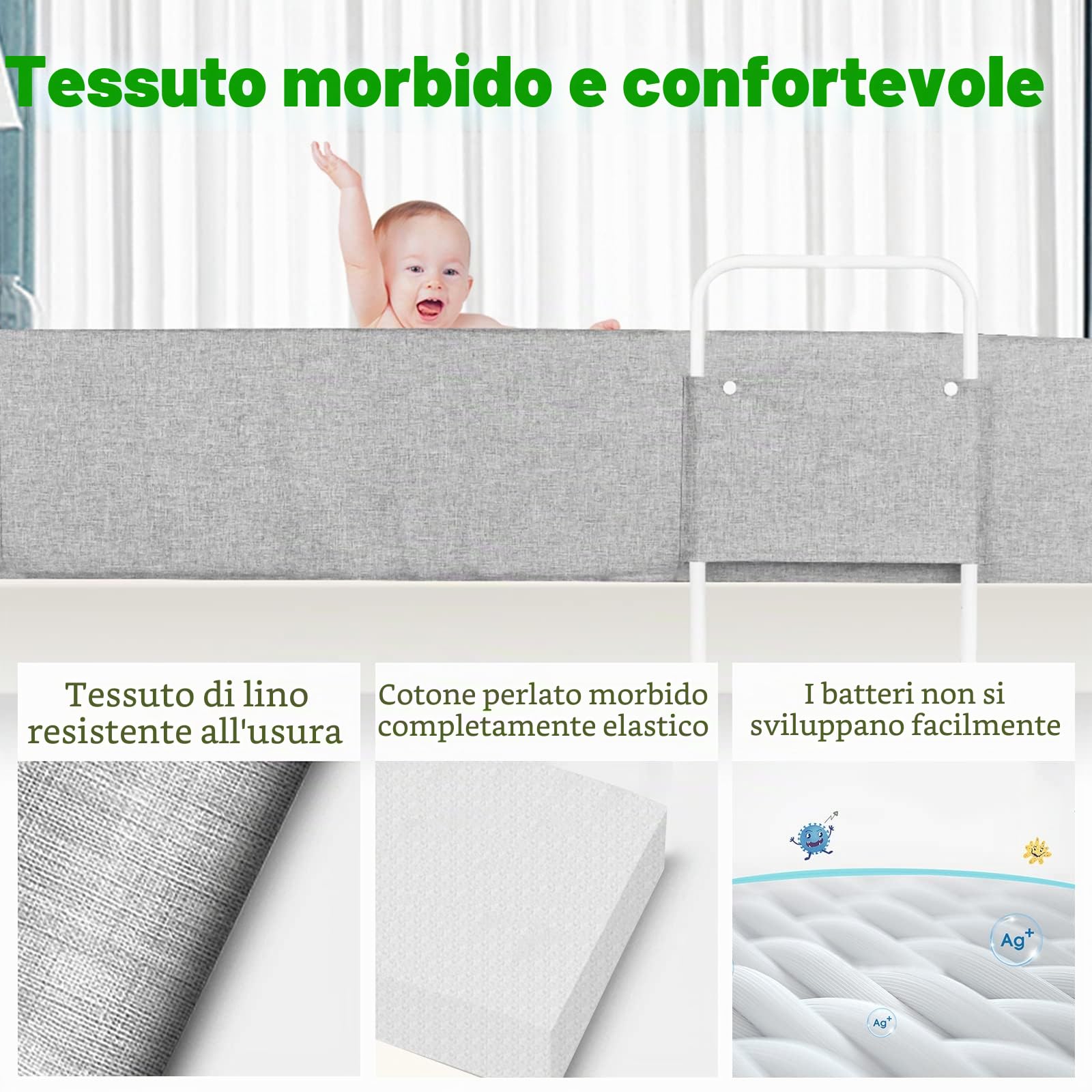 Froadp Set di paraspigoli per bambini, 200 cm, regolabile in altezza, protezione antiscivolo, per letto con chiusura lampo, deformabile, morbida, ringhiera di sicurezza per bambini e neonati