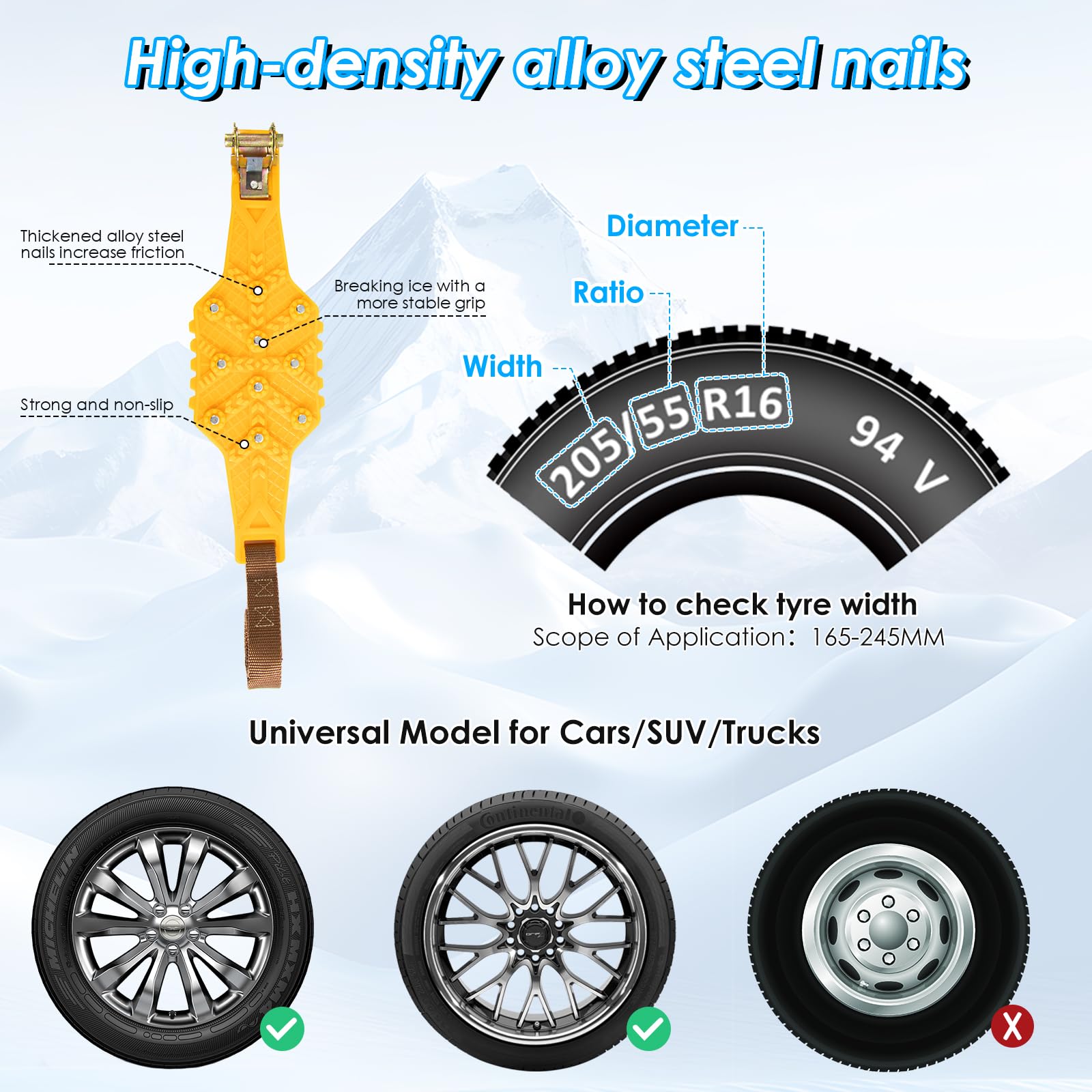 Catene da Neve Ninonly 8Pcz Universali Regolabili per Auto Camion SUV Pneumatici 165-245mm