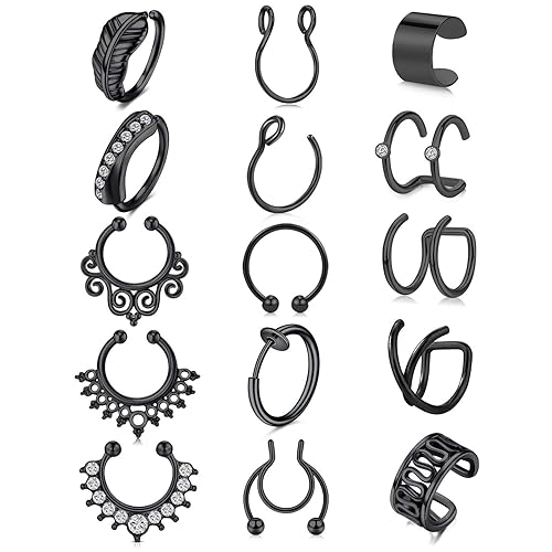 MODRSA Fake Nose Ring Hoop Double Fake Septum Rings Fake Nose Piercing Clip on Earring Hoops Faux Nose Rings Lip Ring - style -D4 -black