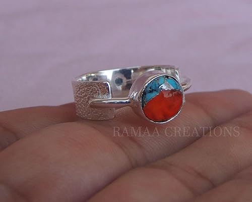 Miniatura 5 de Spiny Oyster Copper Turquoise Ring | Handmade Round Turquoise Silver Ring | Statement Handmade Jewelry | Sterling Silver 925