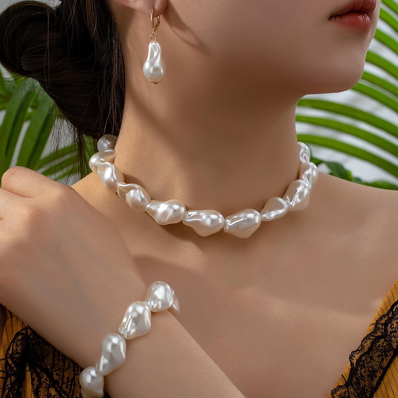 Baroque Irregular Pearl Beaded Chunky Necklace Bracelet Earrings Set Three Piece For Women Statement Elegant Chic White Pearl Adjustable Fashion - Image 2