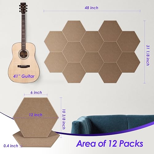 Miniatura 2 de Paquete de 12 paneles acústicos autoadhesivos insonorizados hexagonales, 14 x 12 x 0.4 pulgadas, paneles de pared acústicos de alta densidad para