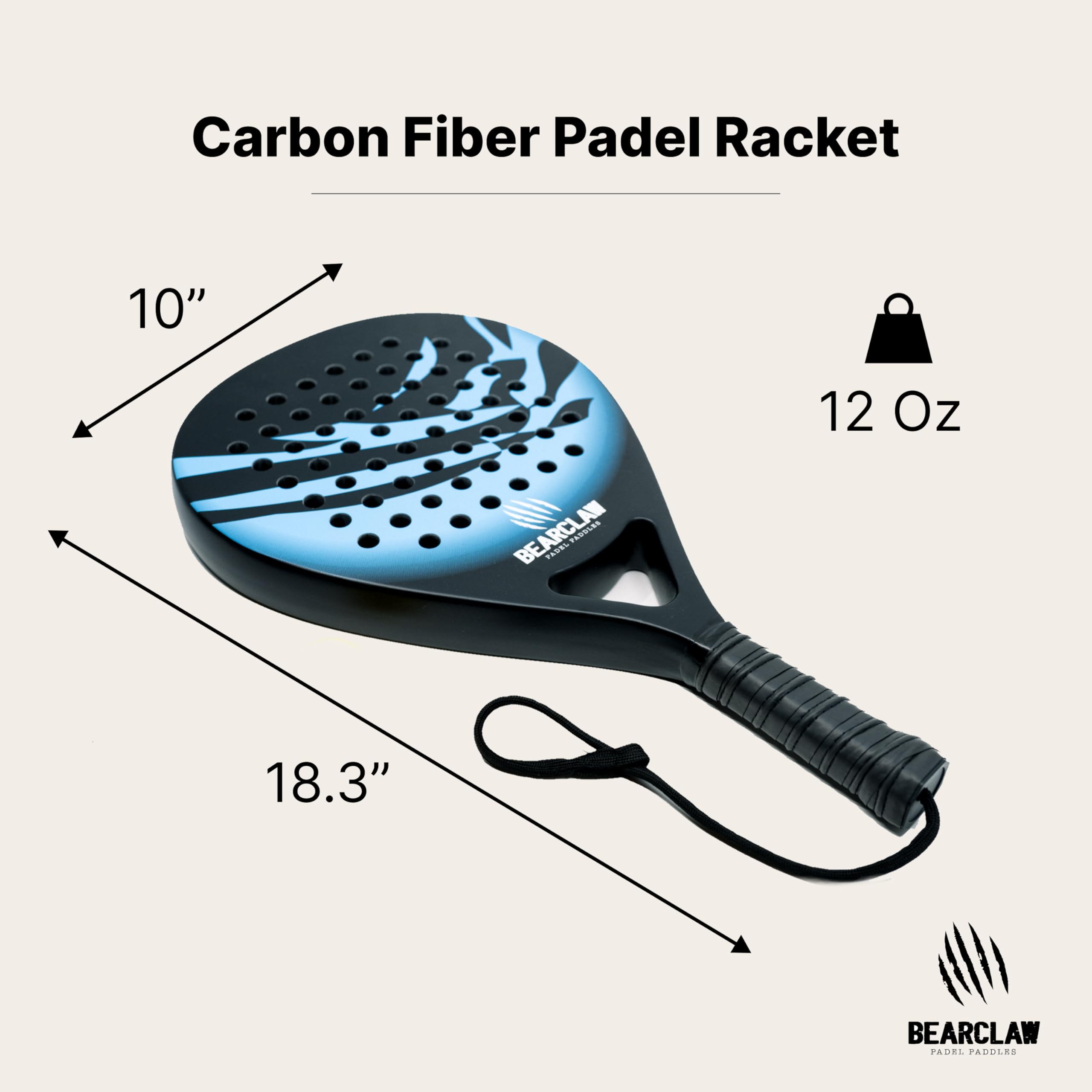Bearclaw Padel Racket - Blue/Black - Carbon Fiber Surface with EVA Memory, Flex Foam Core - Lightweight Padel Racquet