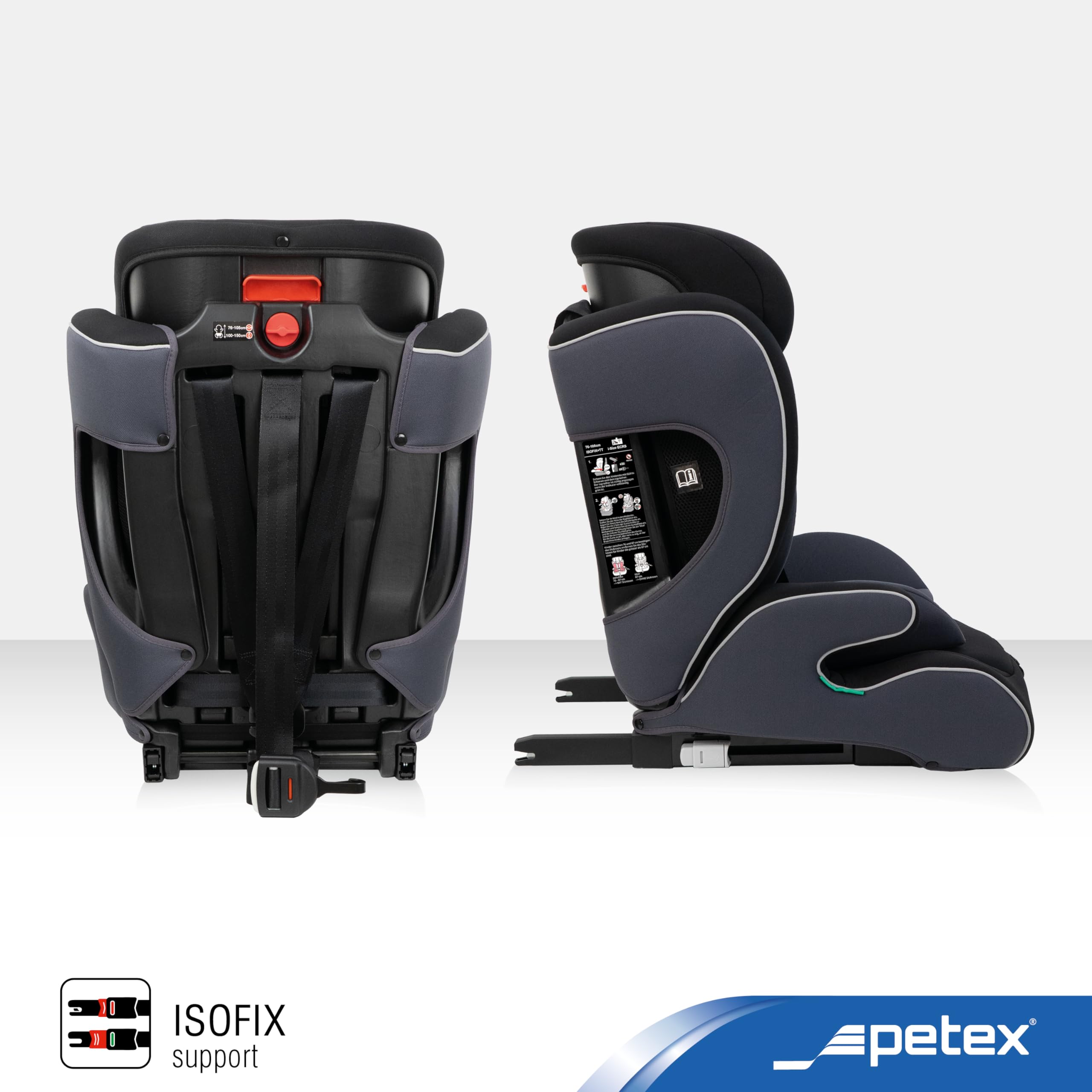 PETEX Fotelik samochodowy dla dzieci z ISOFIX – Supreme Plus i-Size norma ECE R129 dla dzieci w wieku od ok. 76 – 150 cm, fotelik samochodowy z regulacją wysokości w kolorze czarnym, 1 sztuka