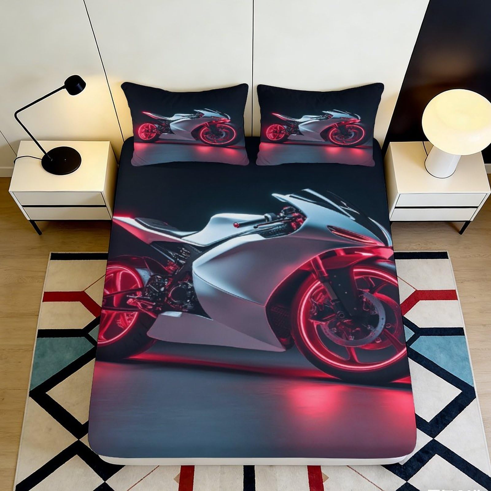 Dhbaneiok Style-6 3D Printed Motorcycle Racing Fitted Sheet Microfiber Black Red Neon Sports Bed Cover For Bedroom Guestroom Mattress Protection 90X200x25cm