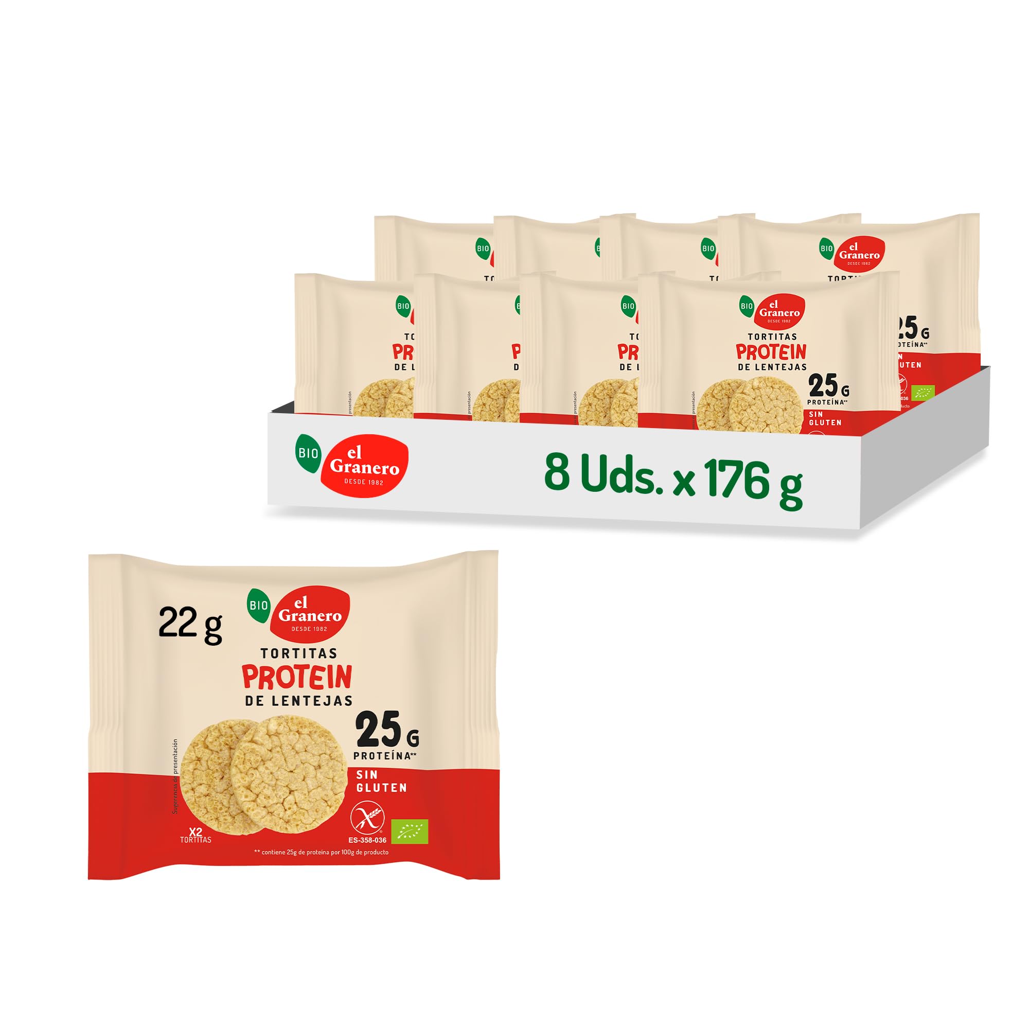 EL GRANERO INTEGRAL - Pack de 8 unidades de Tortitas Protein de Lentejas - 22 g - Ecológicas, Sin Azúcar Añadido y Sin Gluten - Aptas para Veganos - Fuente de Fibra y con 25 gramos de Proteína