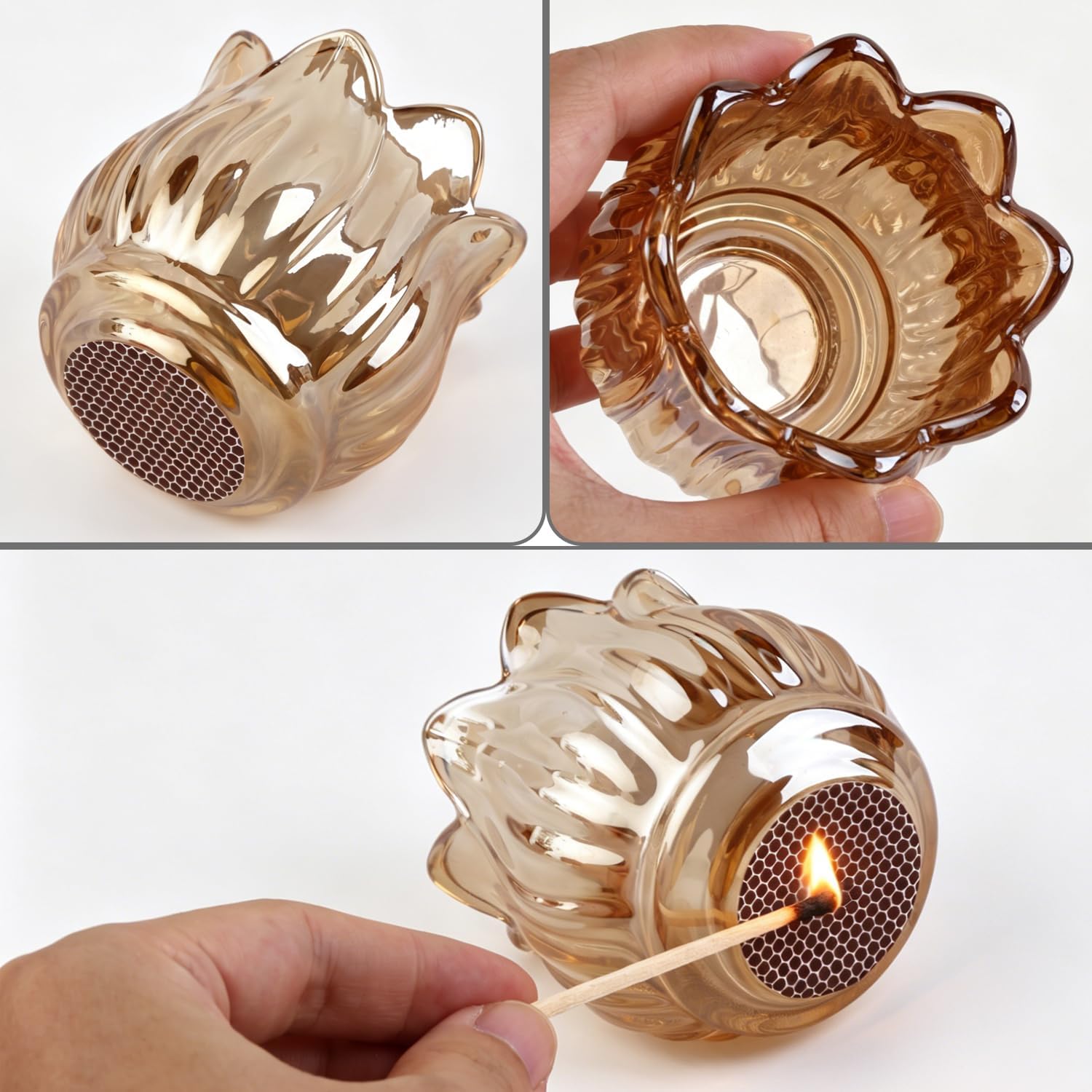 Glass Candlestick Holders,Match Holder with Striker x 4,Match Box,Matchstick Holder Jar for Scented Candle on Dining Table Fireplace Bathroom Decoration, Not Include Matches（YJX-amber-2pcs）