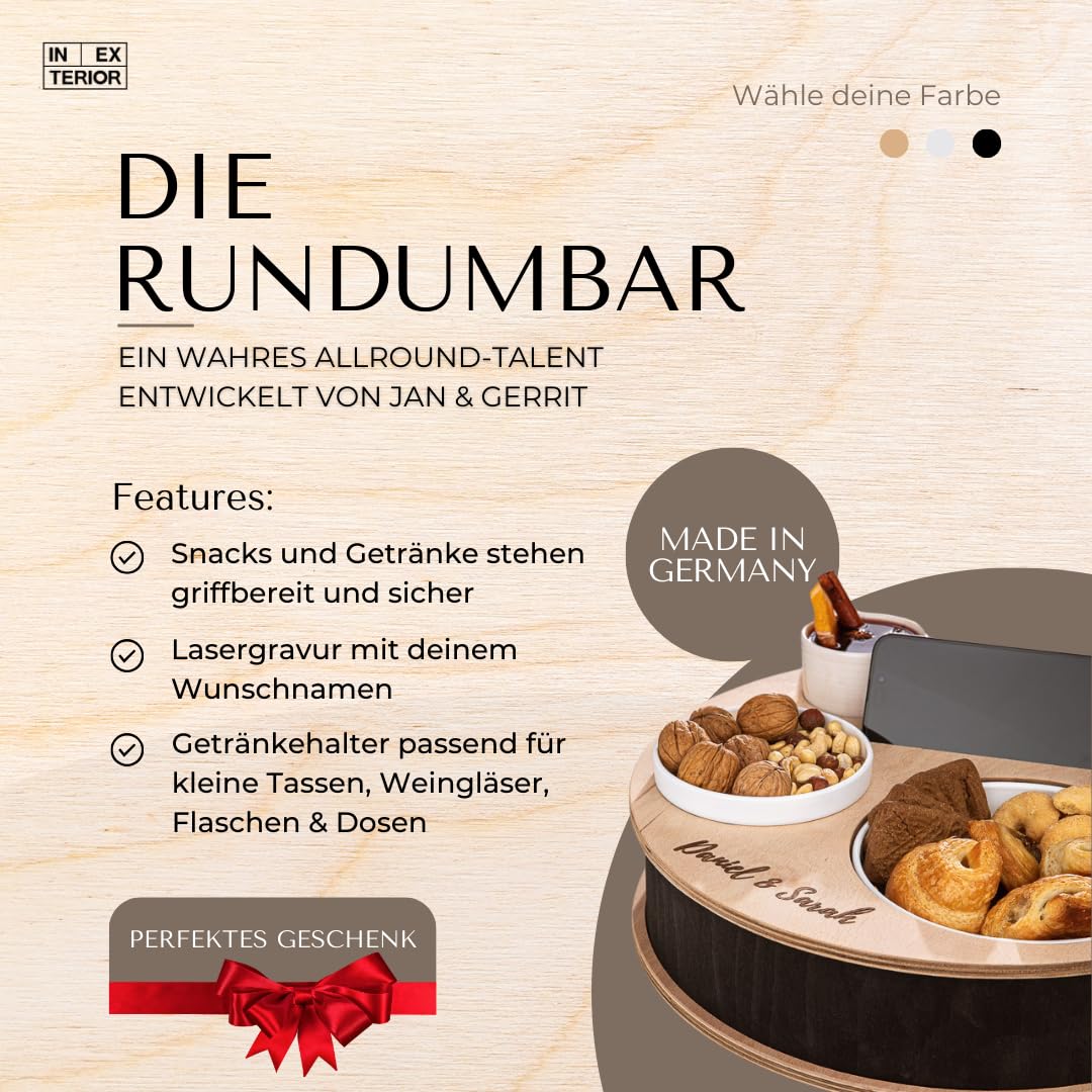 INEXTERIOR – Couchbar RundumBar handgefertigt aus Holz in Schwarz mit Wunschgravur – Runde Snack Box mit Zwei Snackschalen, Handy-, Flaschen- & Getränkehalter - Couchbutler Couchorganizer Tablett