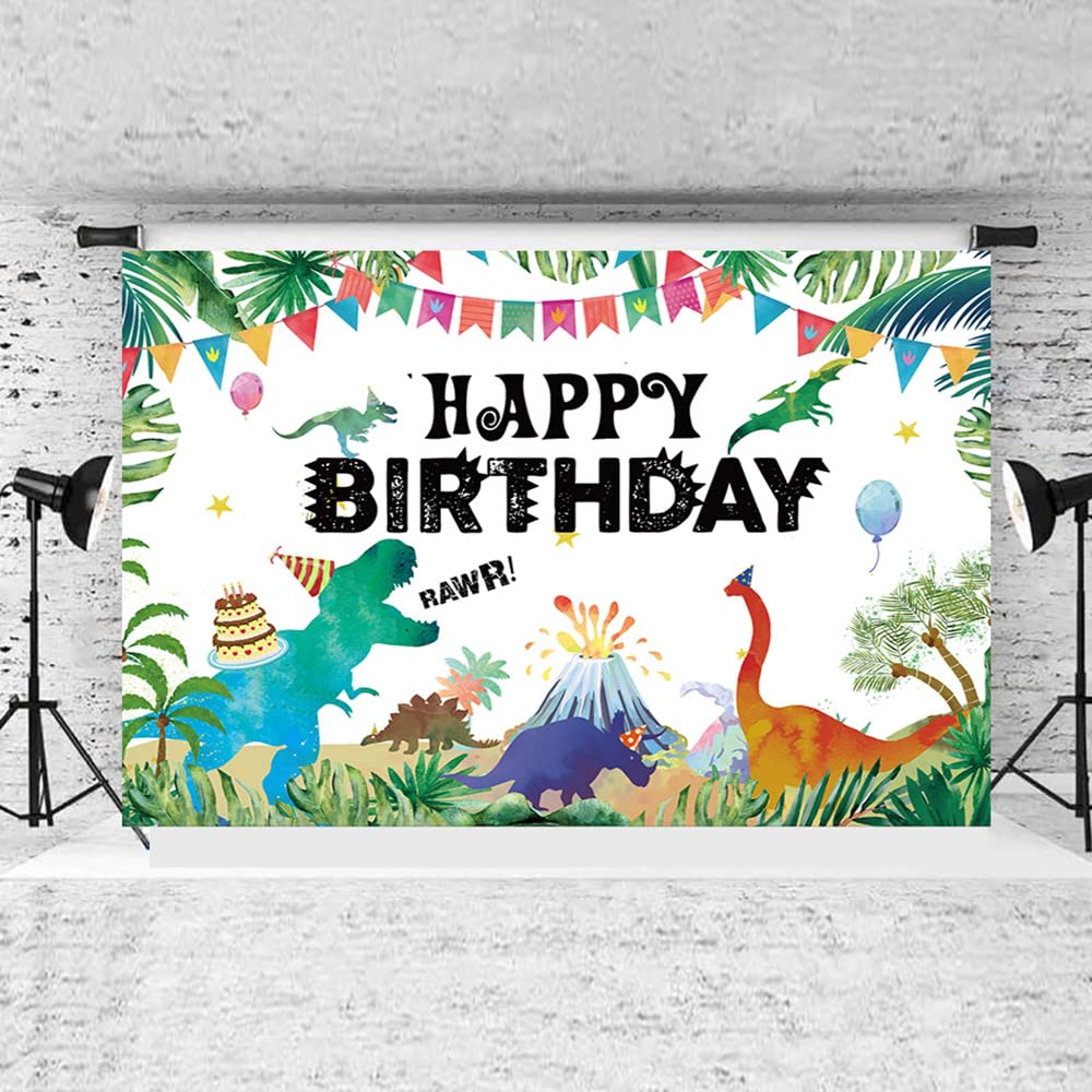 Illiyot Funny Dinosaur Birthday Backdrop 6x3.5ft, Watercolor Dinosaur Party Supplies - T-Rex, Large Wall Banner for Kids — image 1