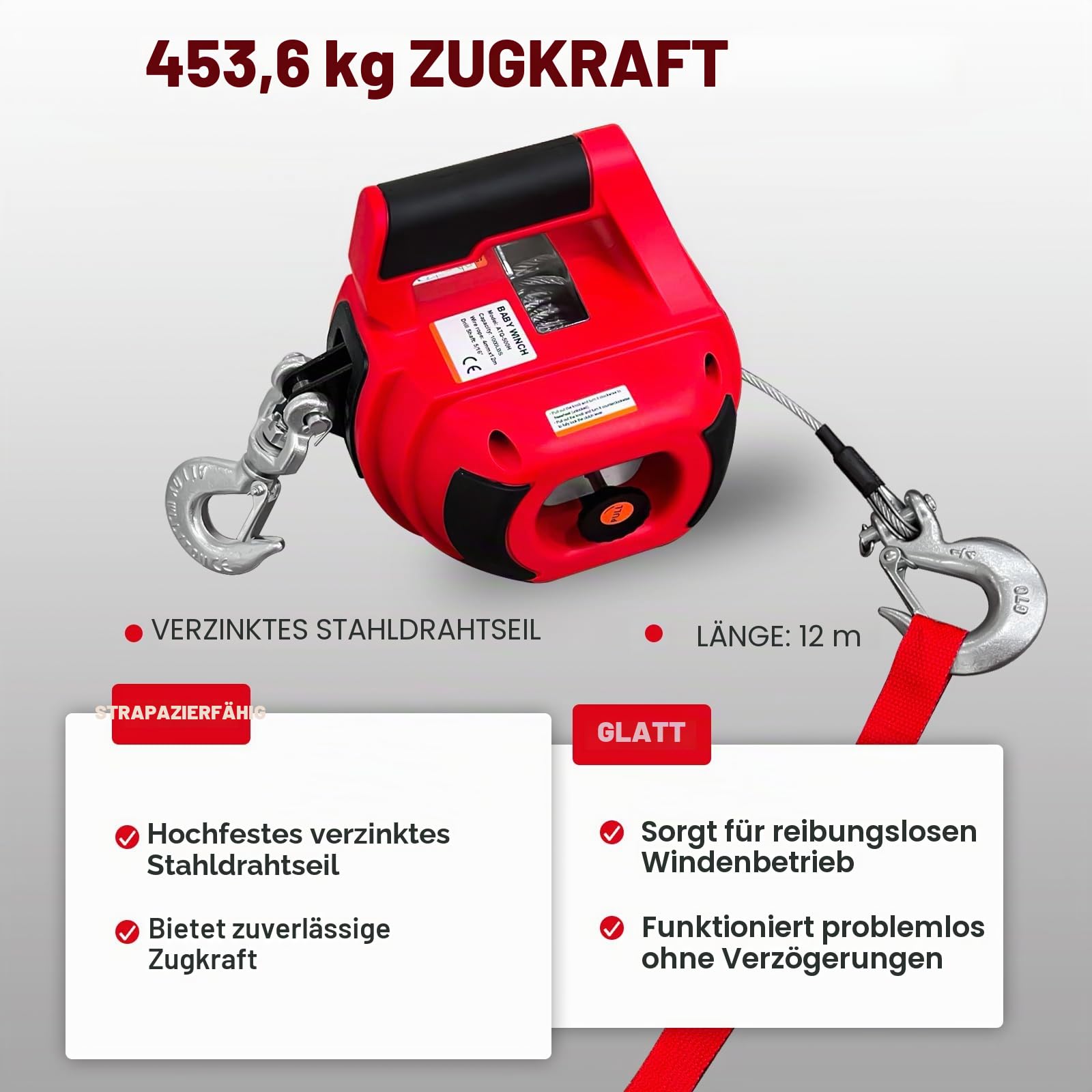 Tragbare Bohrwinde, 453,6 kg, bohrbetriebene Seilwinde mit Stahldrahtseil, 12 m, Bohrwinde zum Heben, Schleppen, Handling, Anhänger (rot)