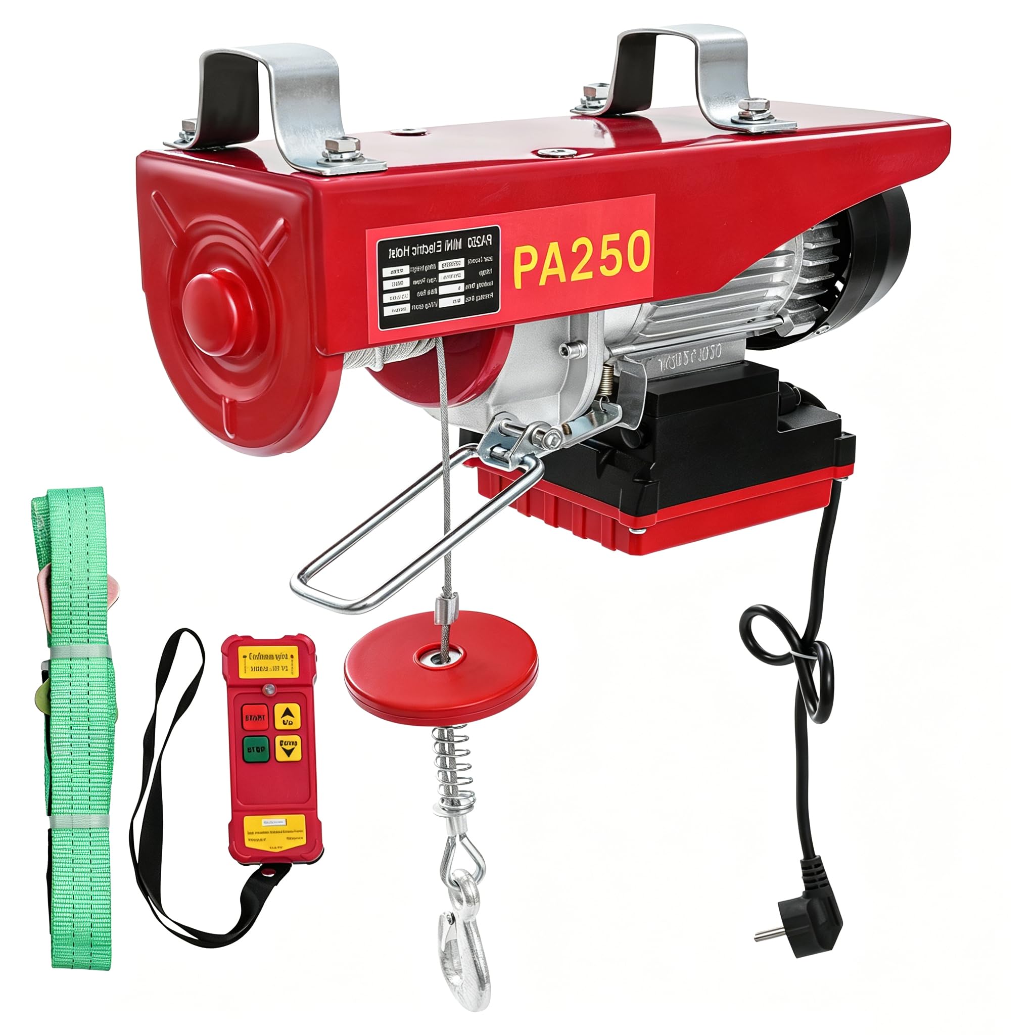Elektrische Seilwinde 250kg mit Funkfernbedienung, 12m Stahlseil, Hebezug für Werkstatt & Garage, 230V Elektrohebezeug, Flaschenzug mit 550W Motor (Rot)