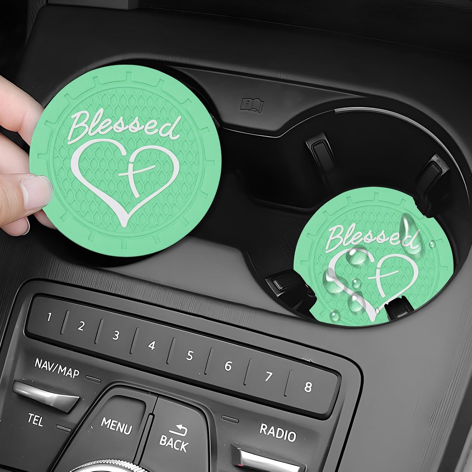 2PCS Car Cup Holder Coaster, 2.7 Inch Non-Slip Blessed Cross and Heart Auto Cup Holder Pad, Shockproof Drink Mat Coaster Interior Decor for Women Girls, Car Accessories (Green) image 4
