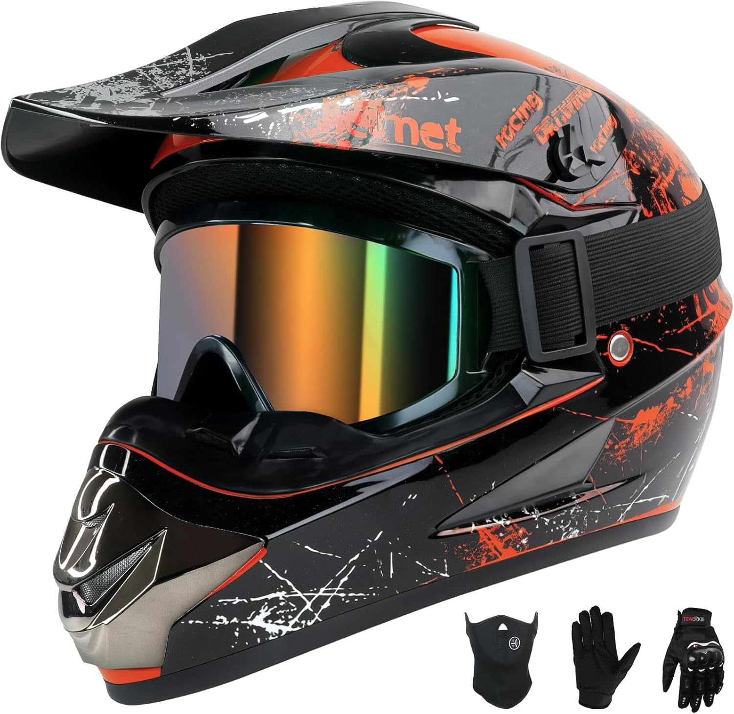 Youth Kids Dirt Bike Helmet Full Face Helmets,Motocross Bike Helmet for Off-Road ATV BMX MX,Includes (Gloves Goggles Mask) 4Pcs Set,for Youth Boys and Girls Motorcycle Helmet,DOT Approved (Green,S)