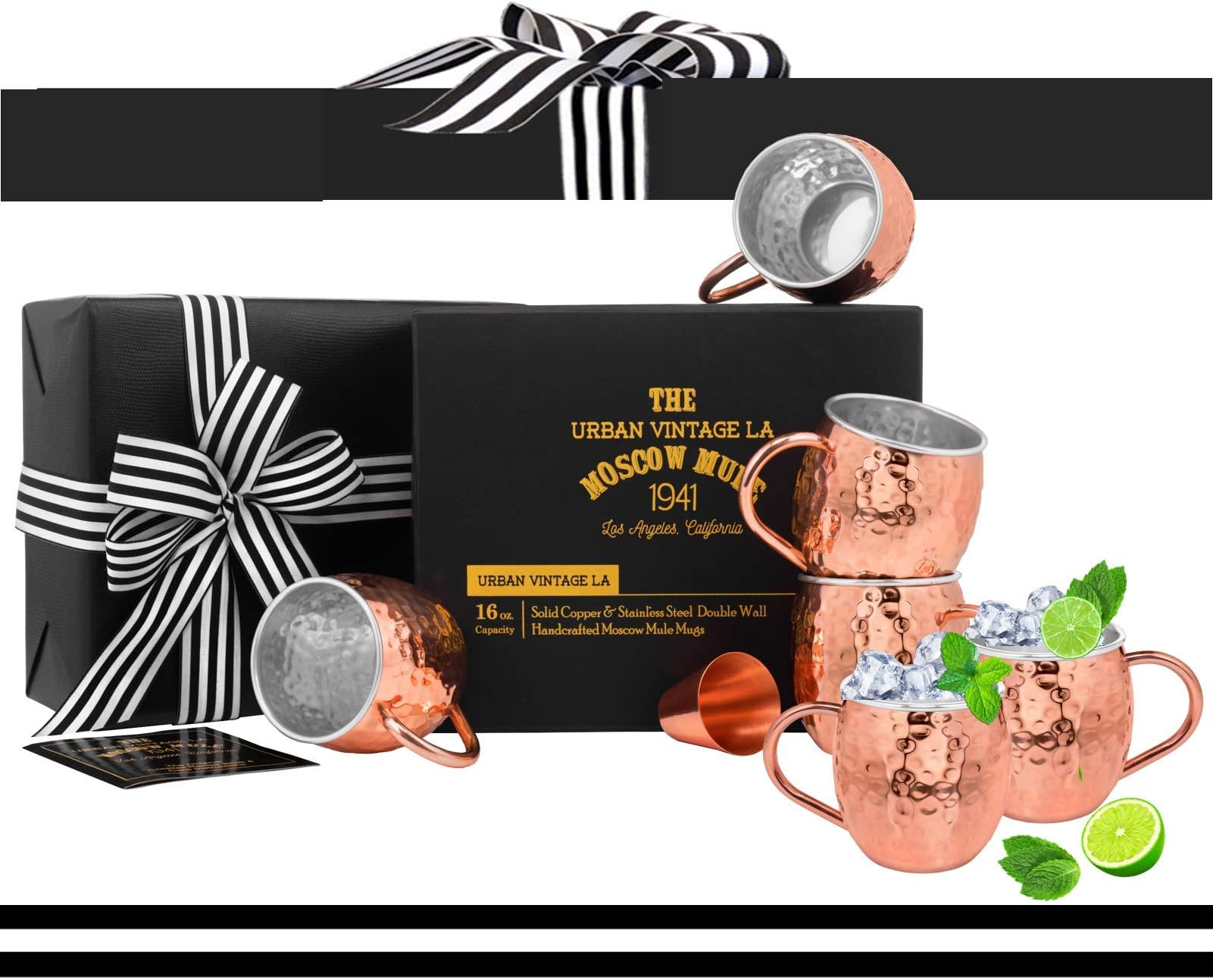 Set of 4 Moscow Mule Mugs with Stainless Steel Lining and Shot Glass in Classy Gift Box, Lined Premium Handcrafted Hammered Food Safe Heavy Copper Cups for Drinking