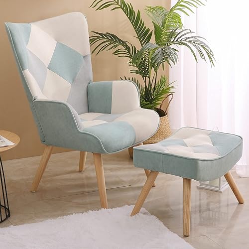 Miniatura 9 de KGOPK Patchwork Accent Chair with Ottoman Set,Upholstered Arm Chair with Solid Wood Legs Comfy Reading Club Chair with Footrest for Living Room