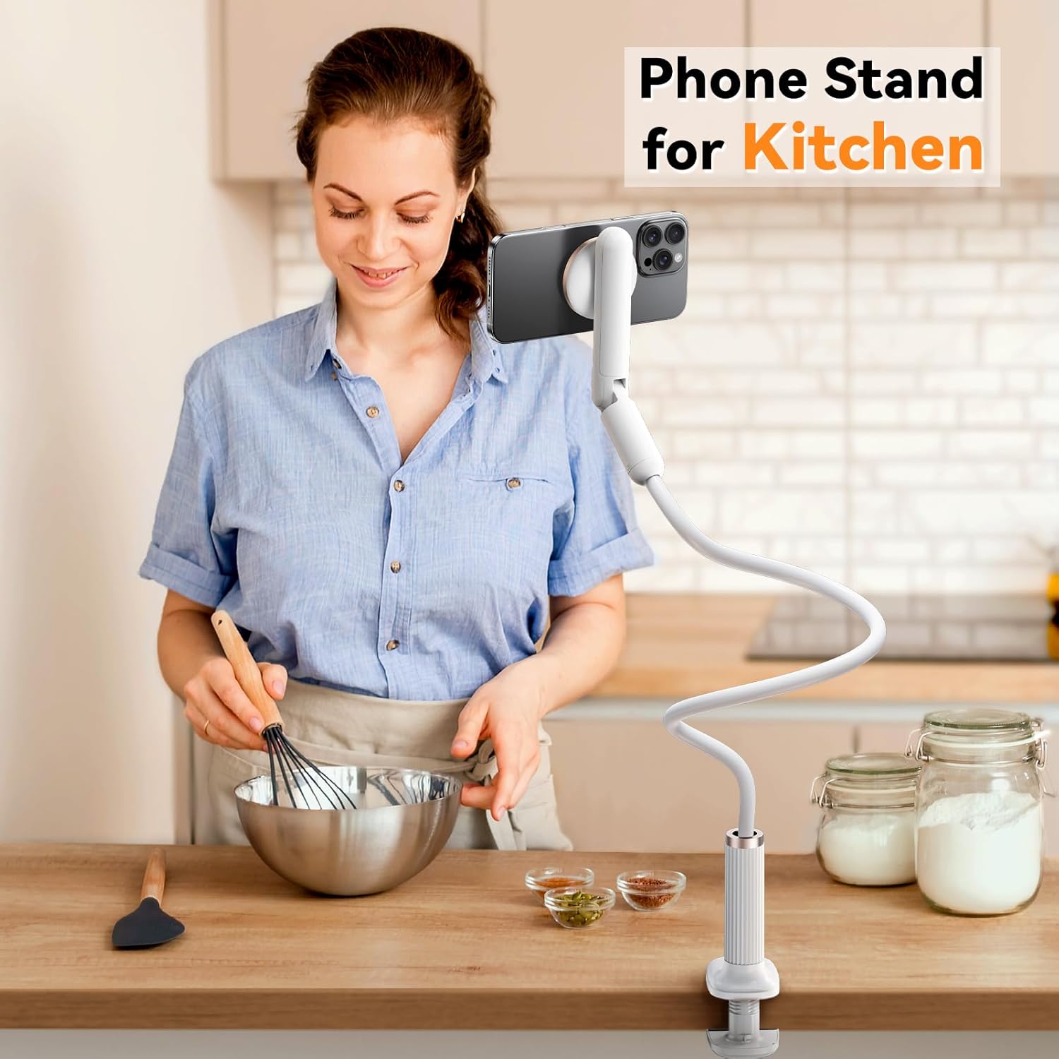 Magnetic Phone Holder for Bed, Gooseneck Cell Phone Stand with Clamp Mount, 900° Rotation Overhead Lazy Bracket with Flexible Long Arm, Compatible with iPhone16/15/14/13/12