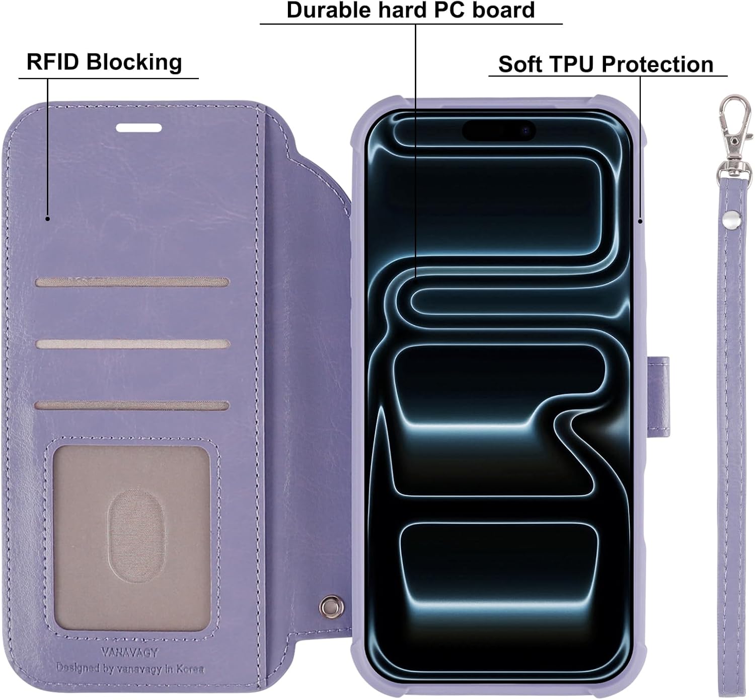 VANAVAGY Compatible for iPhone 17 Pro Max Wallet Case for Magsafe Wireless Charging, PU Leather Flip Folio Shockproof Phone Cover with Wristlet RFID Blocking Card Holder Screen Protector,Clove Purple