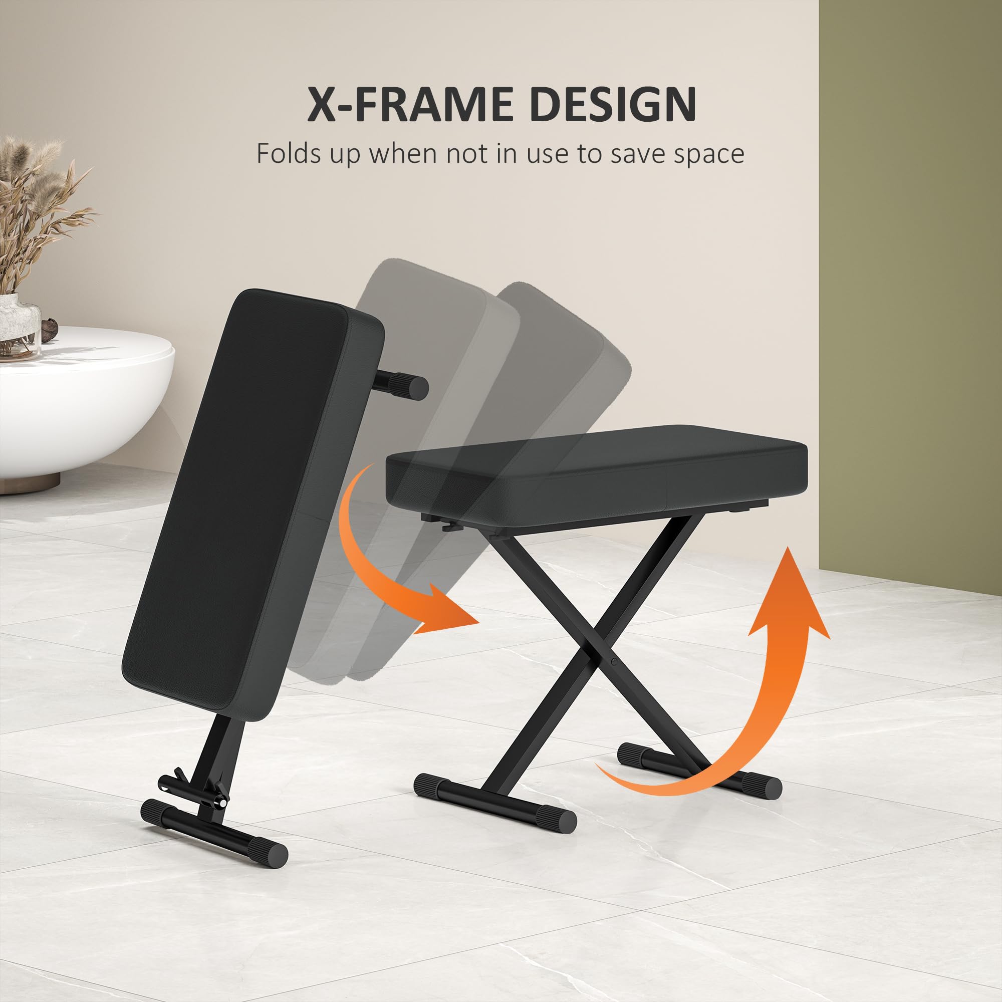 HOMCOM 4-Höhenverstellbarer klappbarer Klavierhocker mit X-Rahmen, PU-Leder und Metall Klavierbank mit rutschfesten Füßen, 60x32x53-63 cm, Schwarz