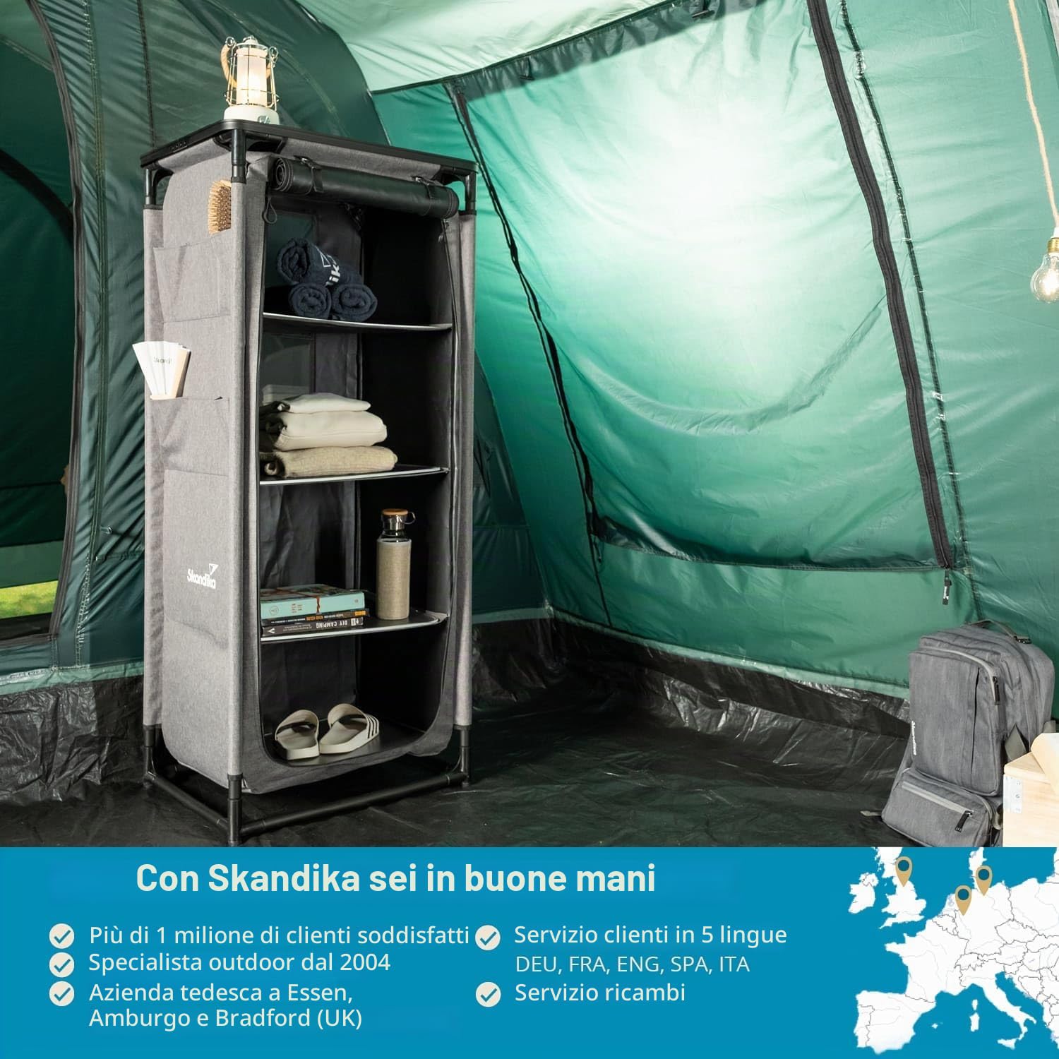 Skandika Ruoka Armadio da Campeggio|Armadio Alto, Sistema a innesto Senza Attrezzi, Altezza 140 cm, 4 Scomparti con Ripiani, Borsa per Il Trasporto