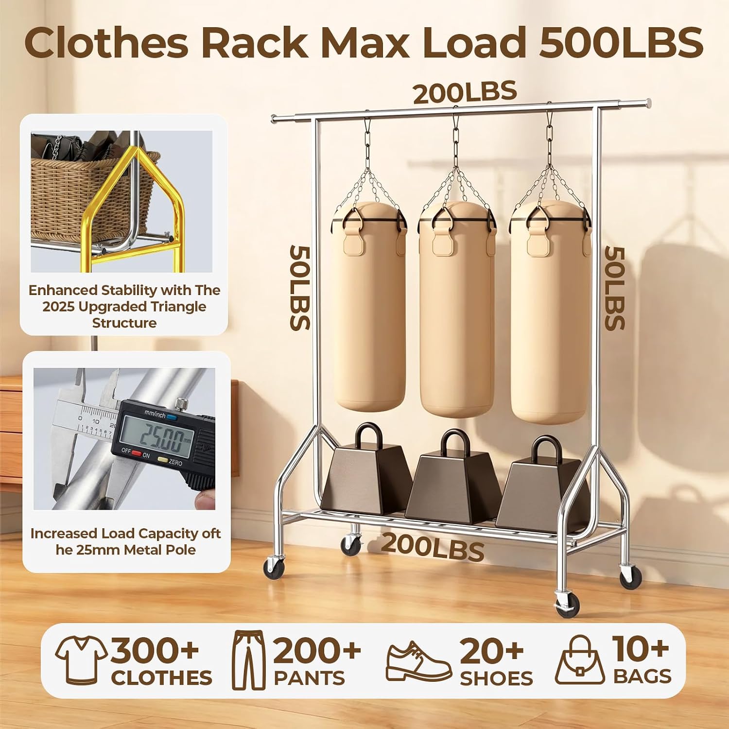Heavy Duty Clothes Rack Load 500 LBS，Clothes Rack for Hanging Clothes，Rolling Garment Rack, Adjustable Freestanding Wardrobe Closet Coat Rack for Bedroom Laundry Living Room, Silver image 3