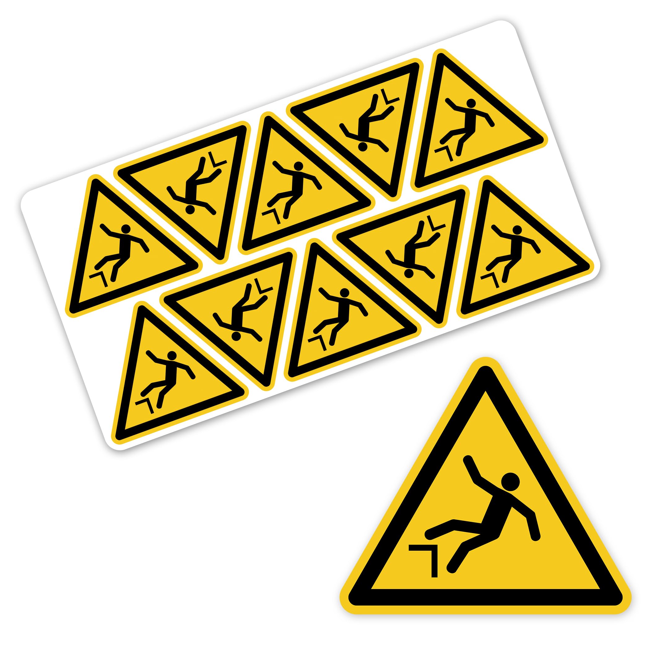 Señal de advertencia de peligro de caída según DIN EN ISO 7010 ASR A1.3 W008 – Pegatina de advertencia autoadhesiva para obras, operaciones, almacenes industriales, señales de seguridad