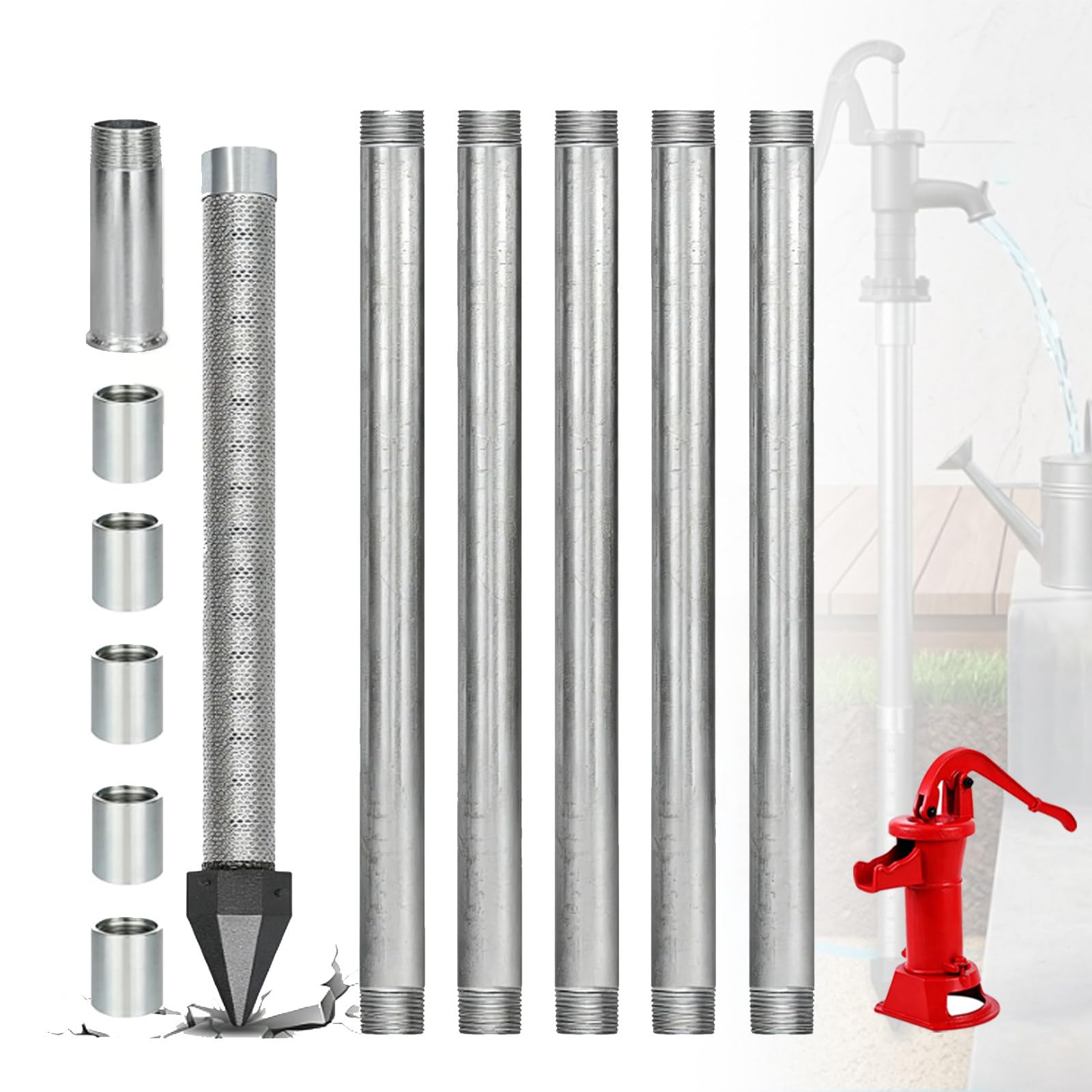 ZyKnaurral Heavy Duty Sand Point Well Kit, 1-1/4" Stainless Steel Water Well Drilling Kit, With 60 Gauge Mesh & 5 Galvanized Pipes, For Soft Soil, Loose Sandy Soil and Clay 6M-WithWaterPump