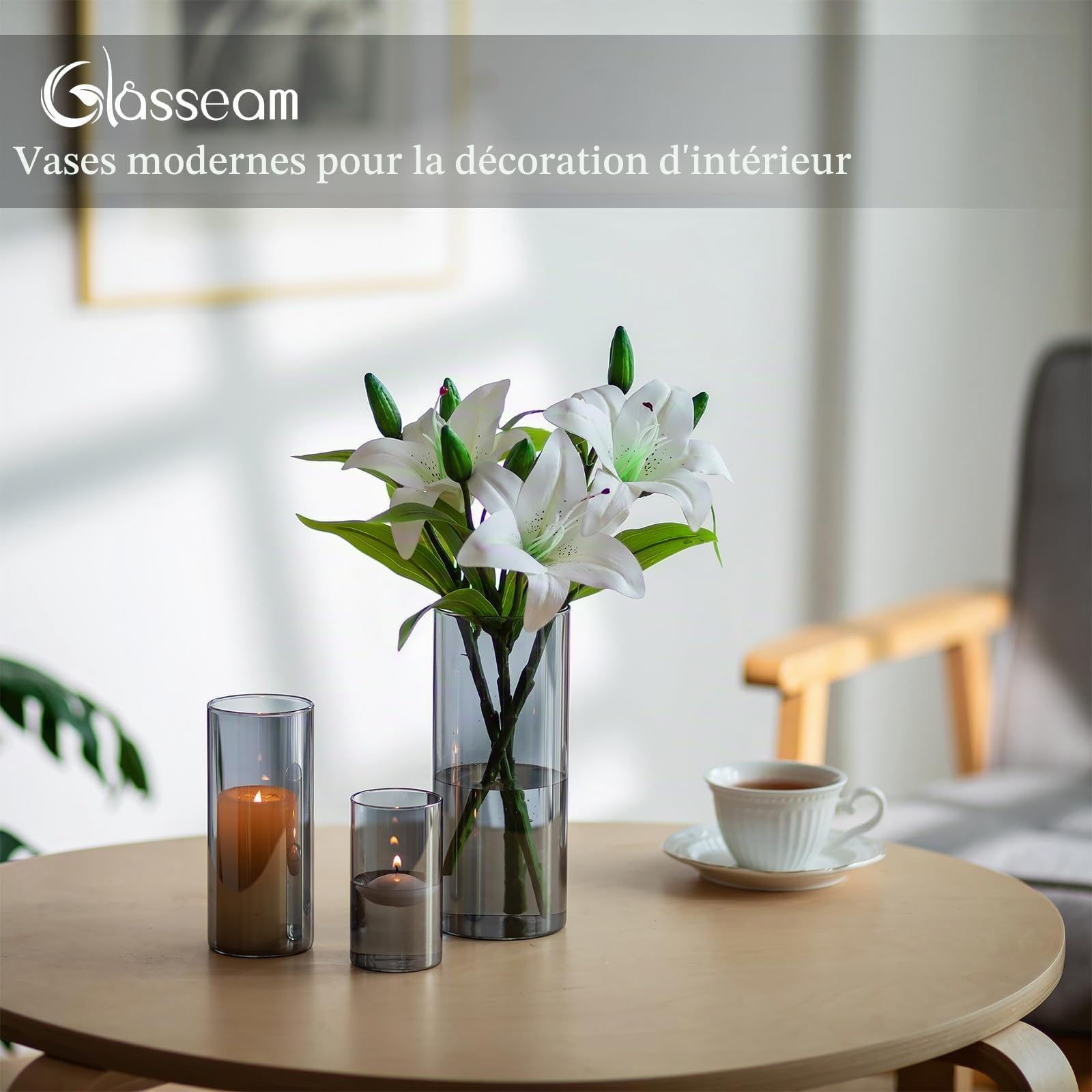 Glasseam Vase Cylindrique en Verre Gris : 6pcs Vases à Fleurs Modernes pour Centre De Table - Bougeoirs Ouragan DéCoratifs Vase à Tulipes en Herbe De La Pampa pour Fleurs (10/15/20cm)