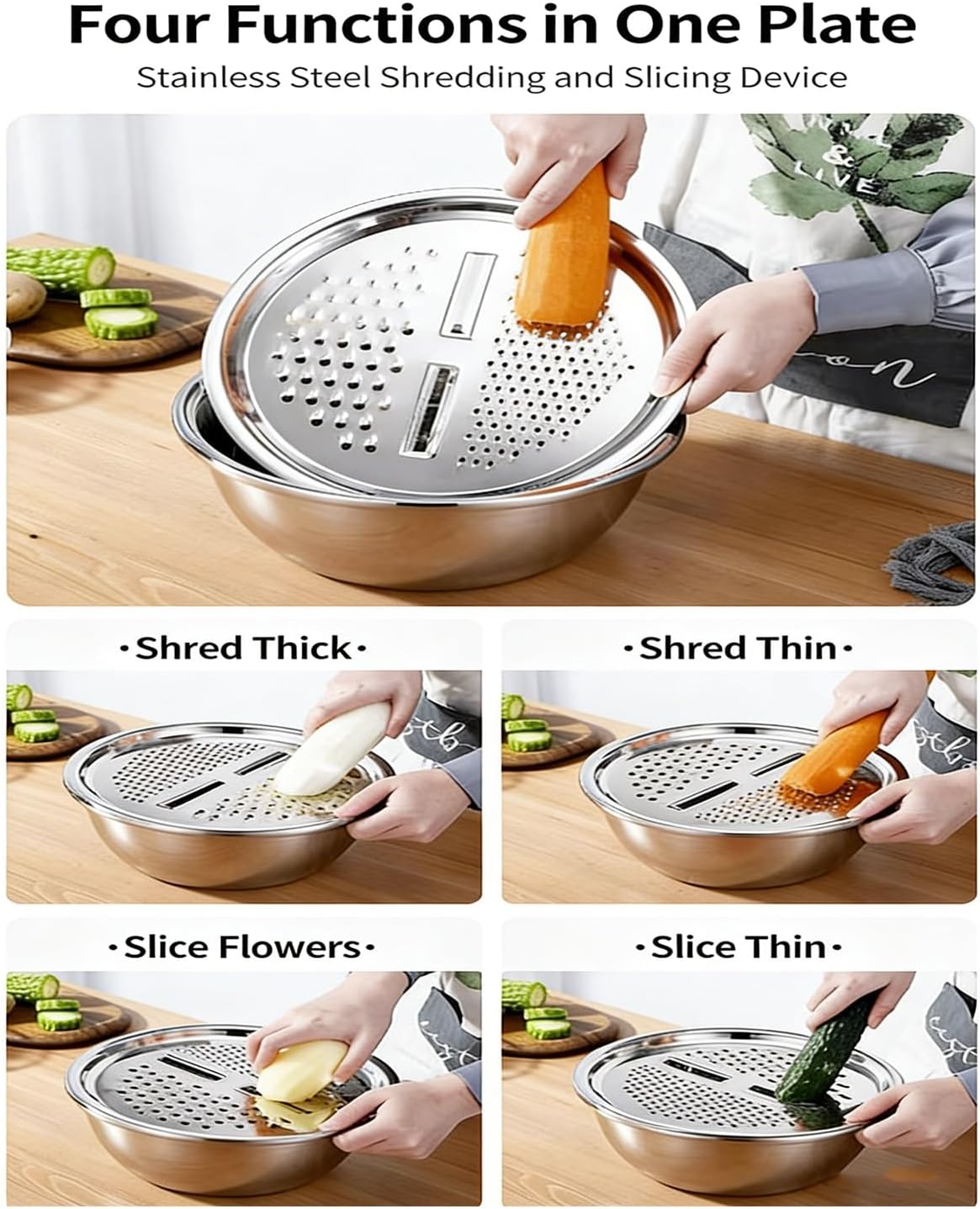 Germany Multifunctional Stainless Steel Basin Strainer Set, 5 in 1 Shredding & Drainage Chopping Basin Slicing Bowl, Vegetables Fruits Drain Basket, Colander Rice Rinser Food Graters(10.2IN)