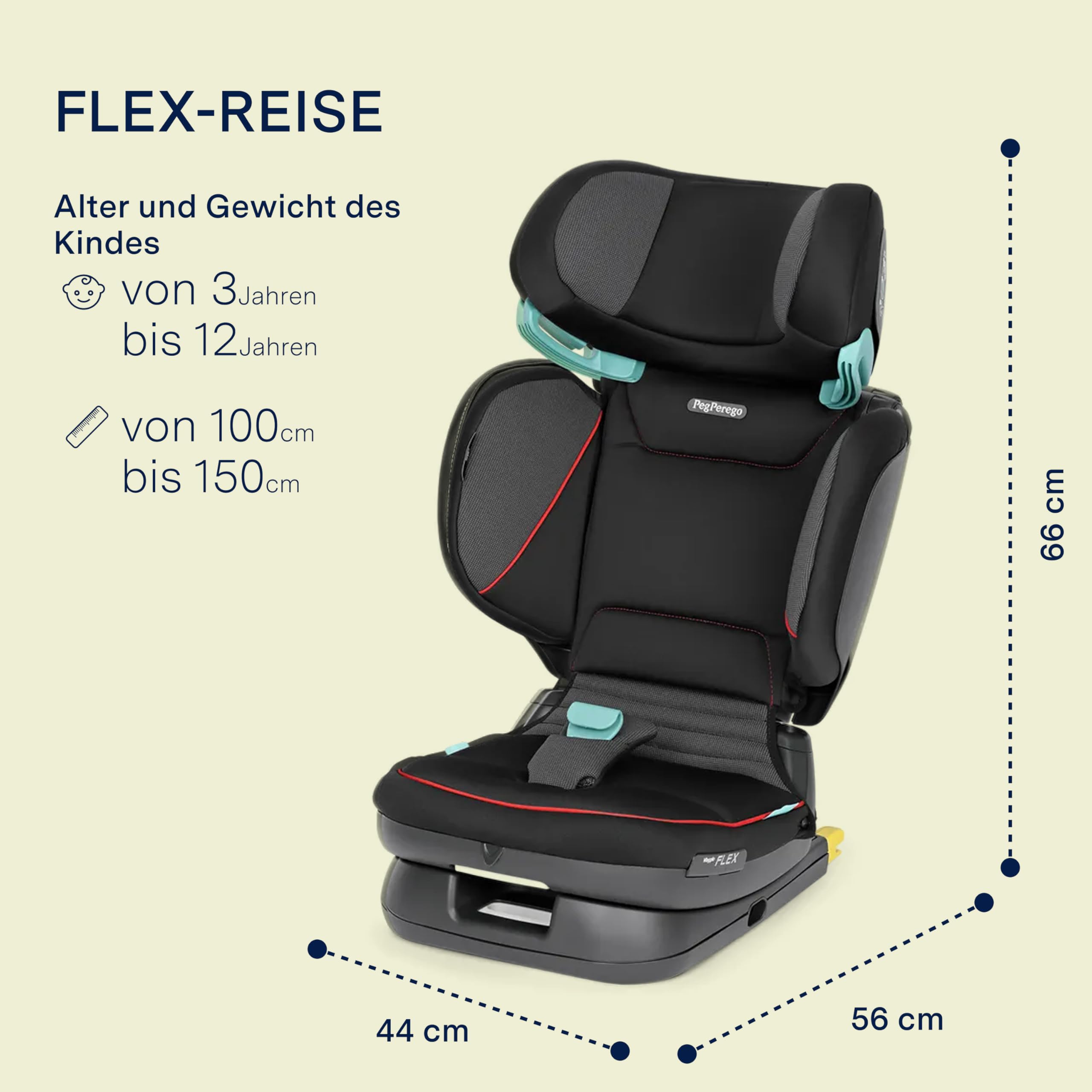PEG Viaggio Flex Autositz ISOFIX mit fortschrittlicher Technologie, verstellbar, klappbar, verstärkte Rückenlehne, für Kinder von 100 bis 150 cm (3-12 Jahre), 15-36 kg, Active