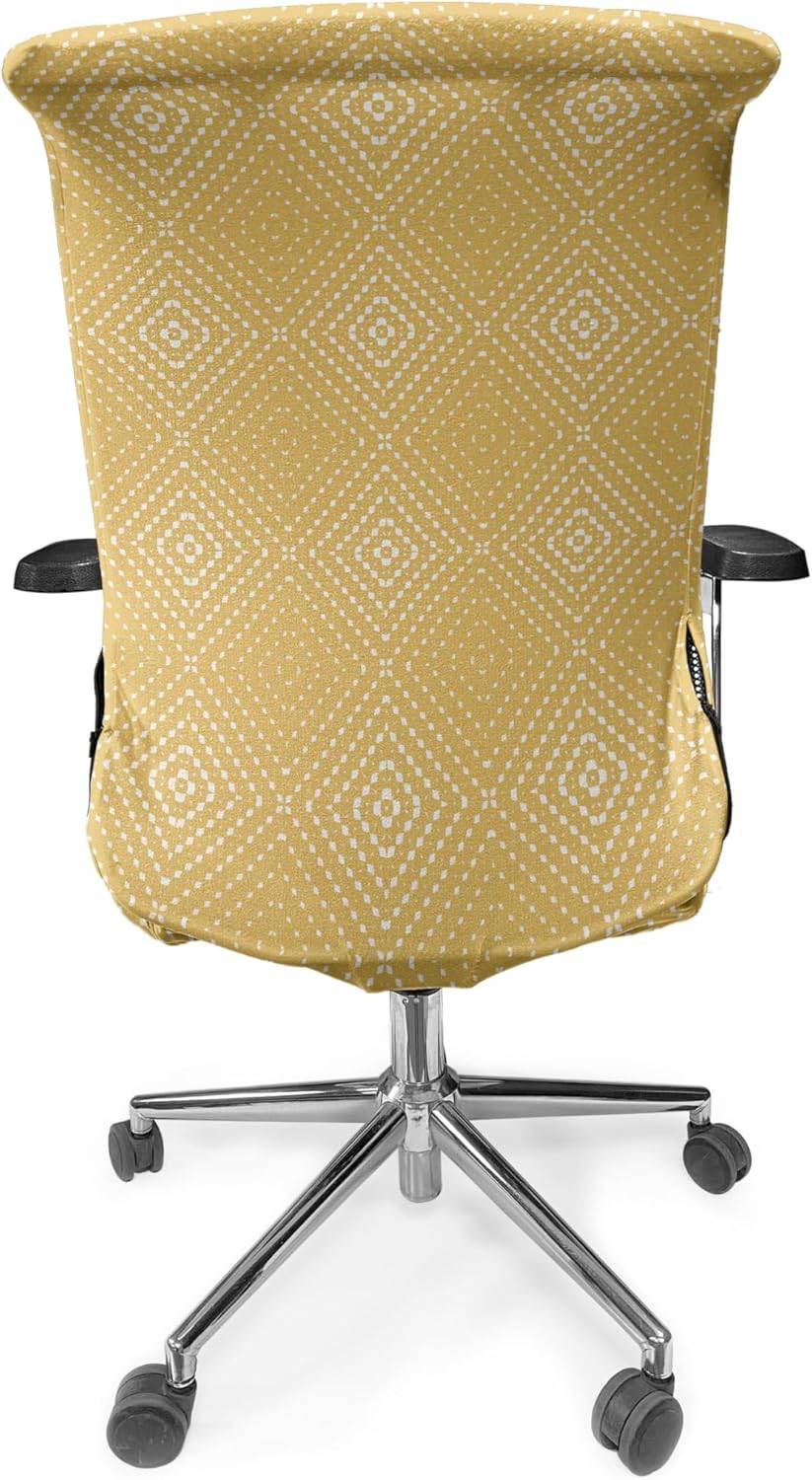 Ambesonne Mustard Office Chair Cover, Geometrical Abstract Dotted Nested Diamond Rhombus Square Forms, Stretchable Decorative Universal Size High Back Printed Slipcover, Yellow White