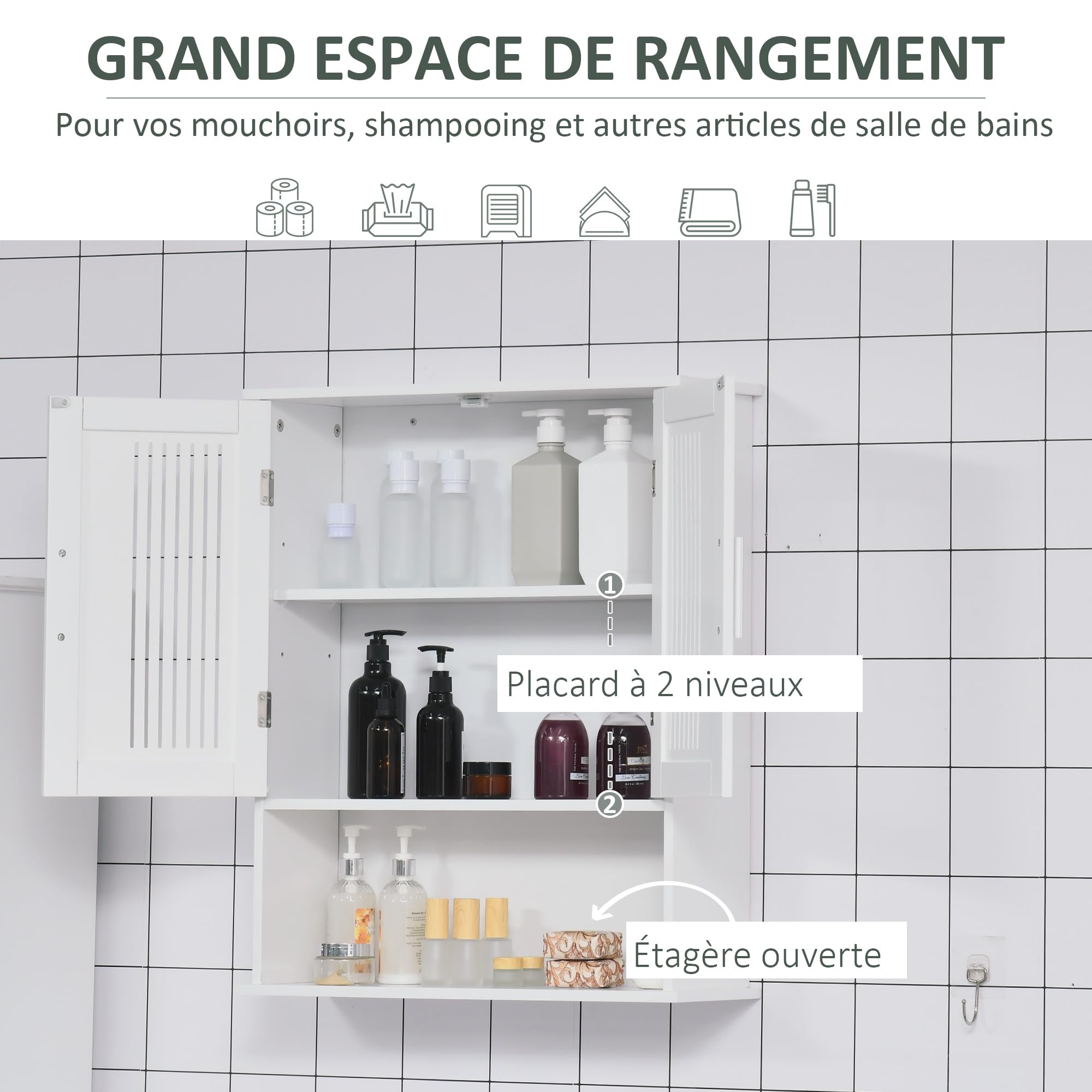 kleankin Armoire Murale, Meuble Haut Salle de Bain avec étagère réglable, Double Porte et étagère Ouverte, Meuble de Salle de Bain, Meuble de Rangement Suspendu, 60 x 20 x 70 cm, Blanc