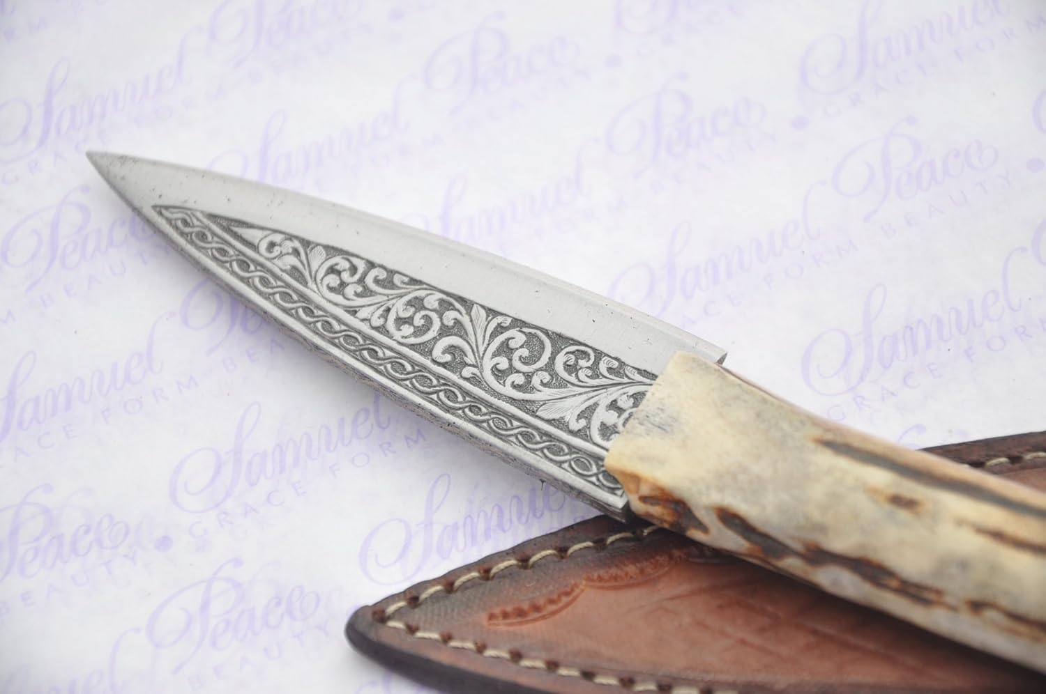 New Genuine Hand Engraved Steel Full Roe Deer Stag Handle Sheffield Sgian Dubh with Leather Sheath