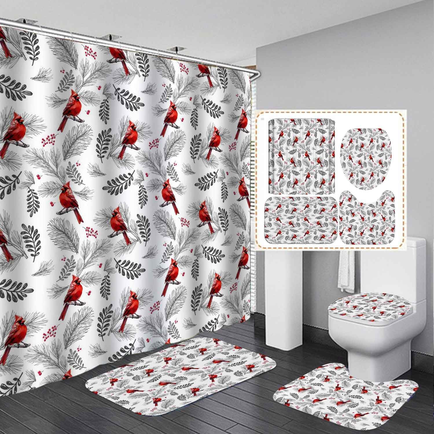 4PCS Christmas Cardinal Shower Curtain Sets with Rugs, Waterproof White Fabric Shower Curtain, Xmas Red Bird Berry Grey Fir Pine Branch Leaves Plant Holiday New Year Christmas Bathroom Decor