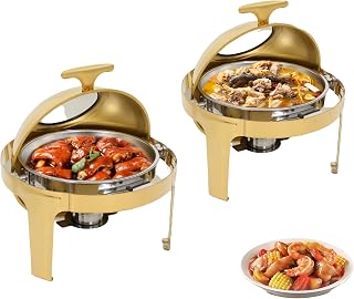 2 Pack 6.34 QT Round Chafing Dishes for Buffet, Gold Buffet Servers and Warmers Sets, Stainless Steel Round Buffet Display for Weddings, Parties, Catering Events (2)