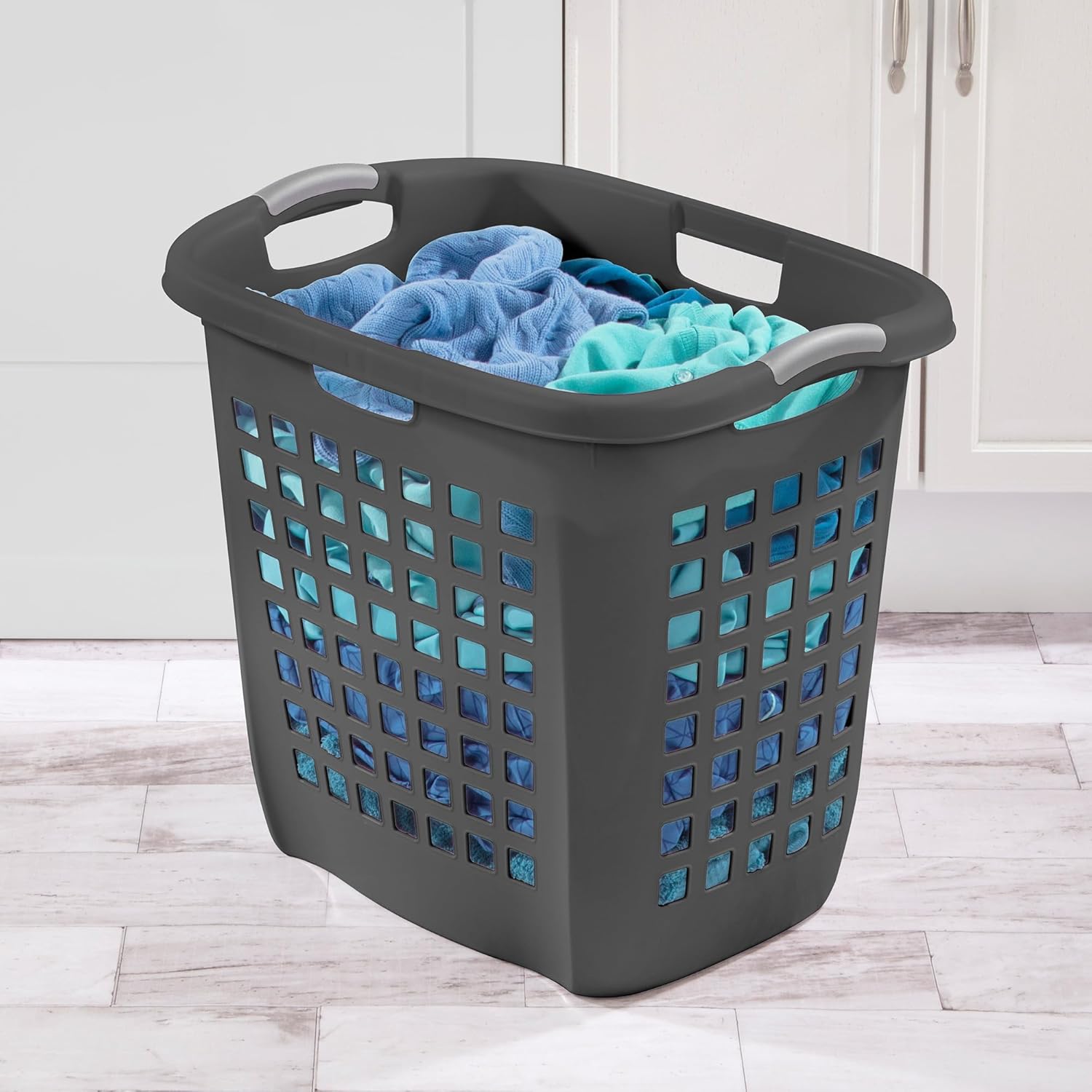 Sterilite 4-Pack 2.1 Bushel Ultra Easy Carry Hamper, Laundry Basket Organizer, Flat Gray - Large Plastic Clothes Bin for Home, Dorm, Bathroom, and Bedroom Organization