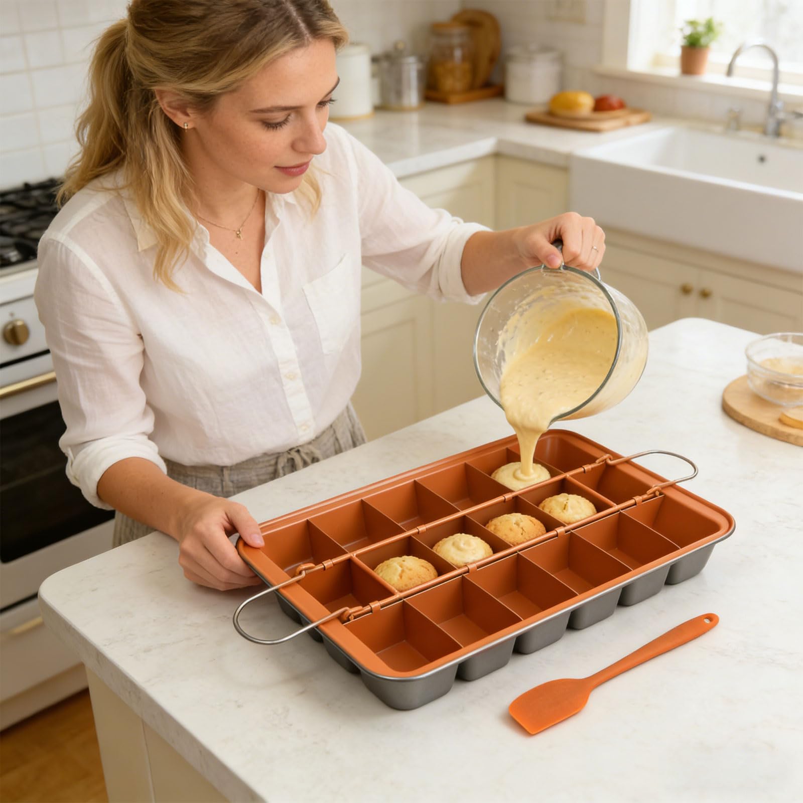 Molde antiadherente de acero al carbono para hornear brownies con separadores extraíbles para 18 pasteles o postres de igual tamaño