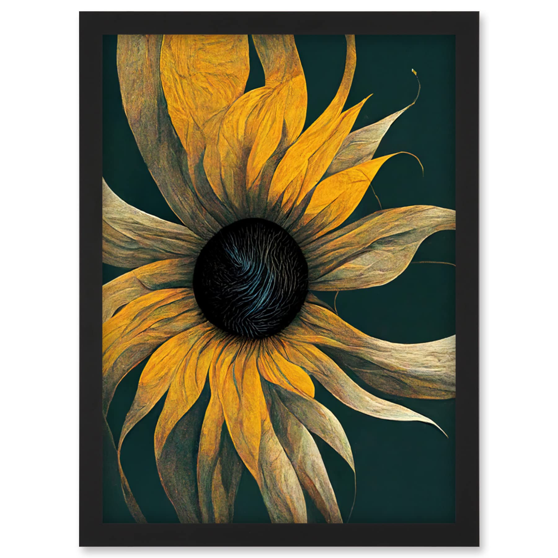 Artery8 Framed Wall Art Print - Abstract Modern Sunflower Black Yellow Artwork - A4