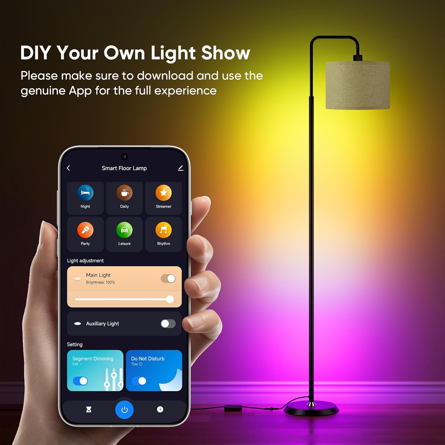 PARTPHONER Smart LED Floor Lamp with APP Control & RGB Colors - 69'' Dimmable Standing Lamp for Living Room Bedroom,12W Bulb Included Timer