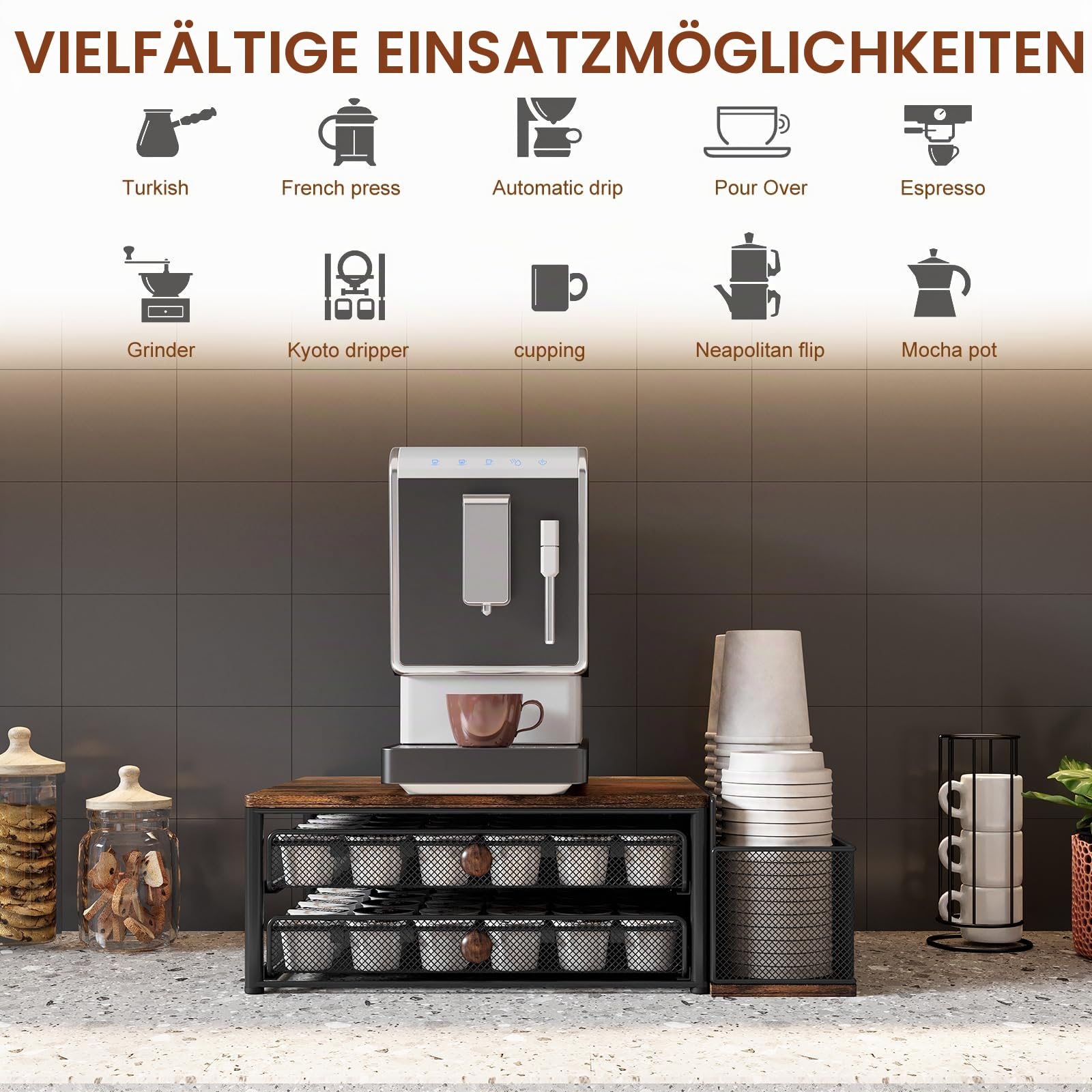 TQVAI Kapselhalter für mit 2 Schubladen Organizer, 60 Kaffeekapseln Aufbewahrung Stahl und MDF-Holz Kaffee Organizer Ständer mit 3 Schlitzen für Einwegbecher, Regal für Zubehör Küche Schwarz
