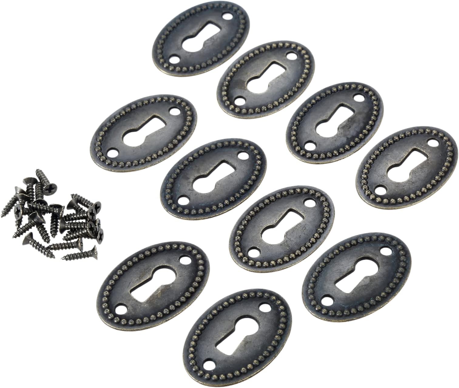 dophee 10Pcs Oval Stamped Antique Brass Decorative Keyhole Cover Plate, Keyhole Escutcheon Plate for Cabinet, Door, Dresser, Drawers, Desk Furniture Hardware
